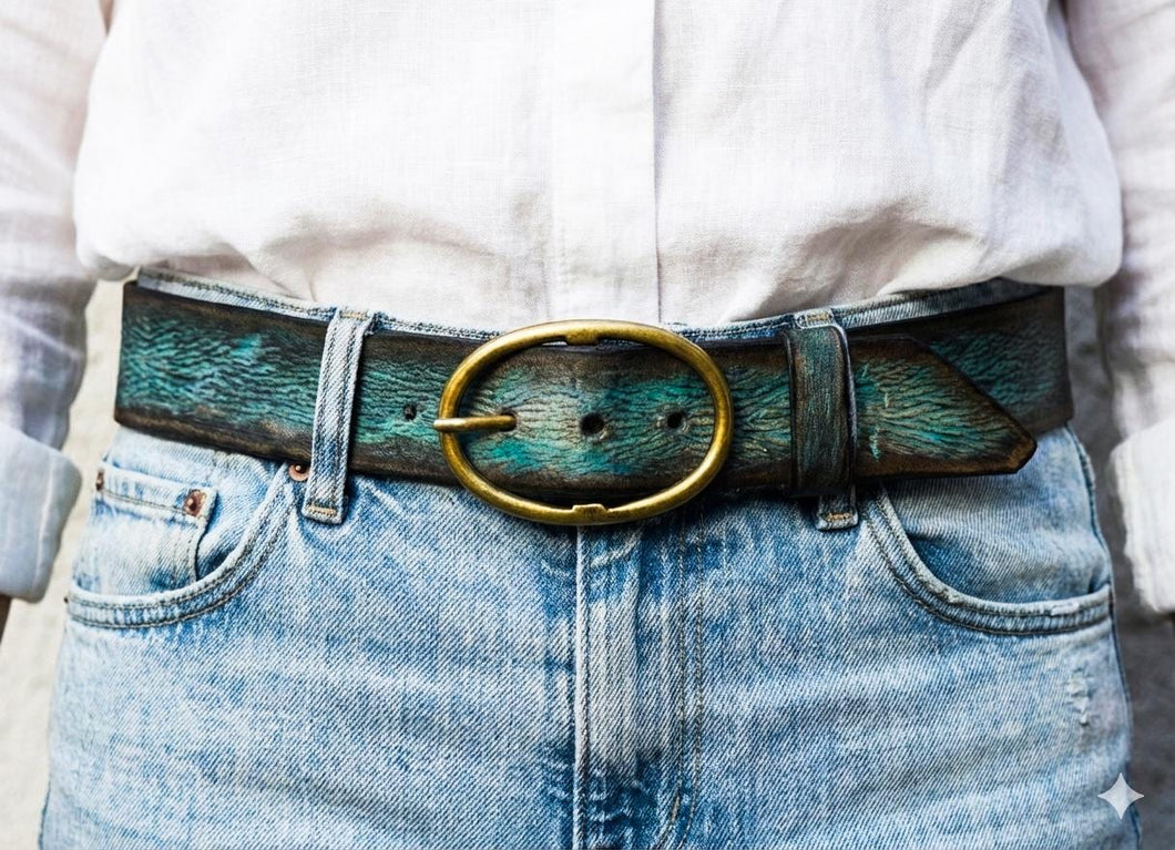 Handmade Distressed Turquoise Leather Belt | Vintage Style Blue Jeans Belt for Men & Women | Rustic Full Grain Leather Strap | Antique Brass