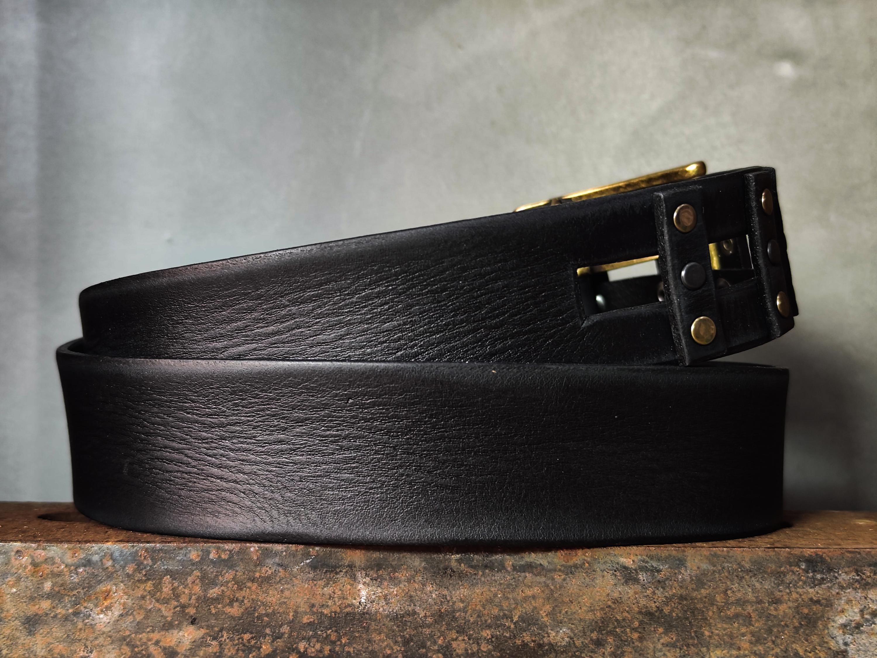 Black Leather Studded Belt – Handmade Full Grain Leather Belt with Metal Rivets – Statement Belt