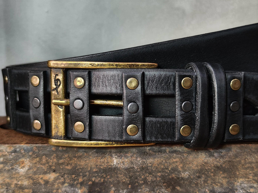 Black Leather Studded Belt – Handmade Full Grain Leather Belt with Metal Rivets – Statement Belt