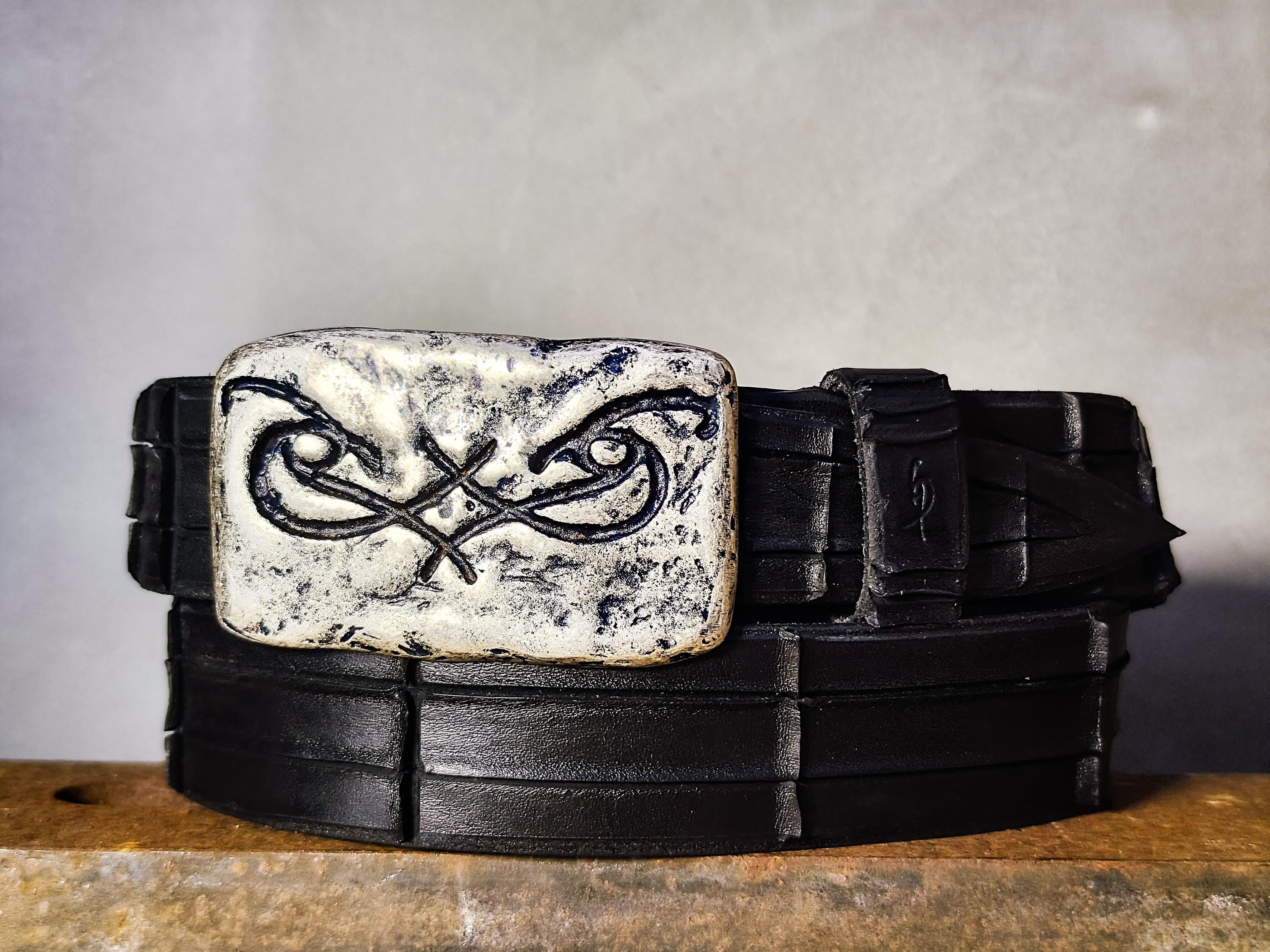 Artisan Made Mens Belt - Genuine Black Leather with Original Ishaor Silver Buckle - Personalized and Stylish Mens Gift