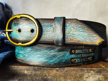 Handmade Distressed Turquoise Leather Belt | Vintage Style Blue Jeans Belt for Men & Women | Rustic Full Grain Leather Strap | Antique Brass