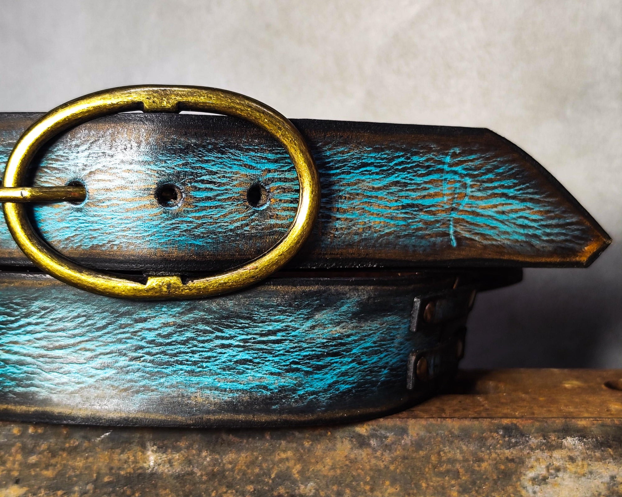 Handmade Distressed Turquoise Leather Belt | Vintage Style Blue Jeans Belt for Men & Women | Rustic Full Grain Leather Strap | Antique Brass