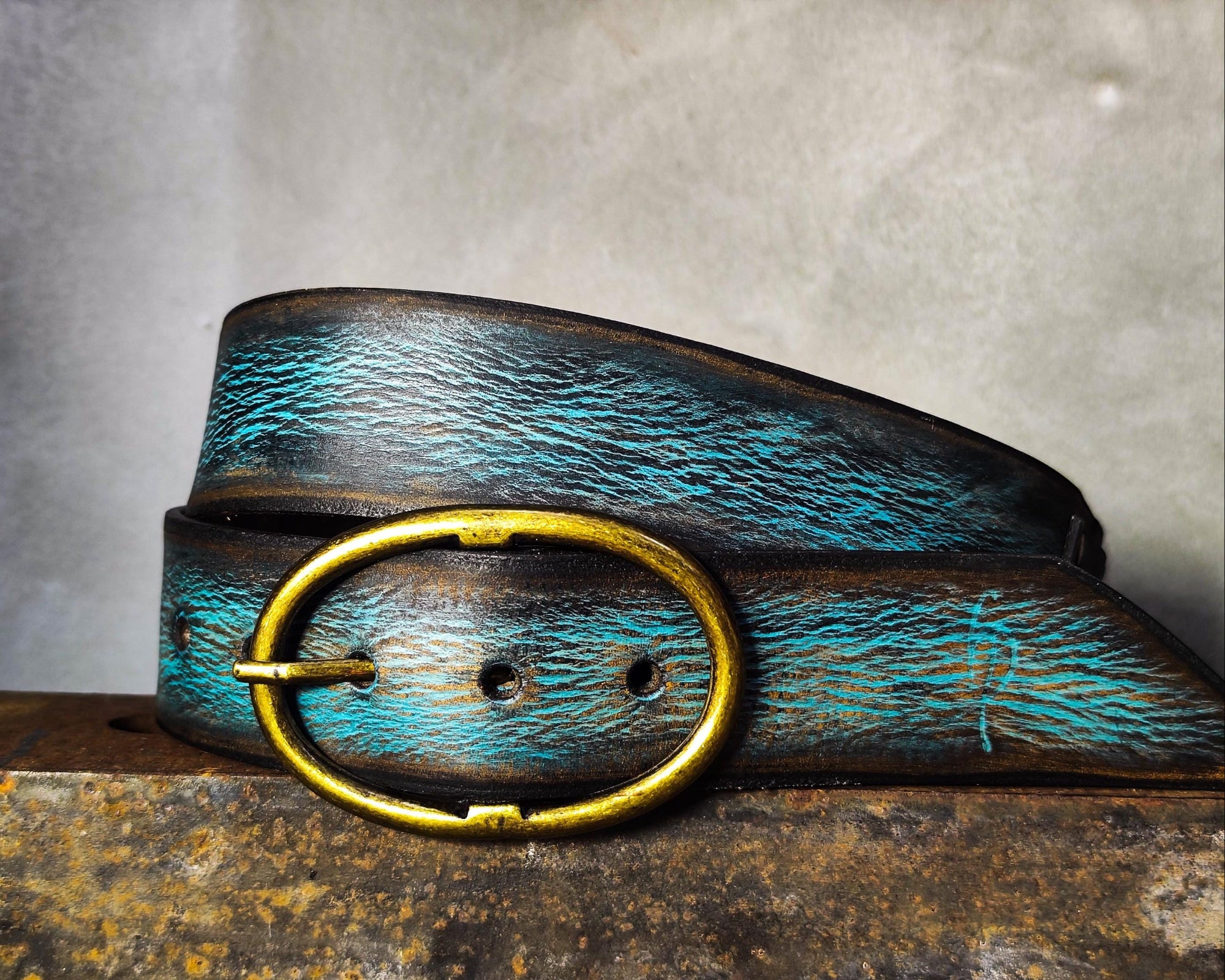 Handmade Distressed Turquoise Leather Belt | Vintage Style Blue Jeans Belt for Men & Women | Rustic Full Grain Leather Strap | Antique Brass