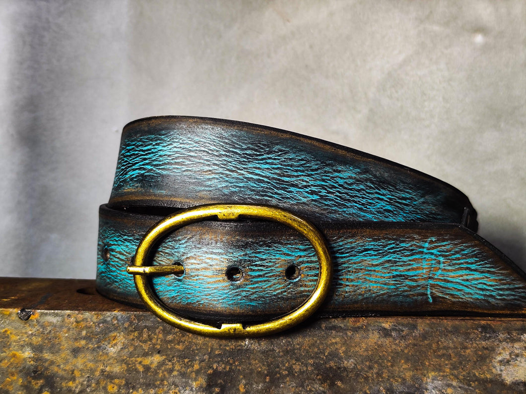 Handmade Distressed Turquoise Leather Belt | Vintage Style Blue Jeans Belt for Men & Women | Rustic Full Grain Leather Strap | Antique Brass