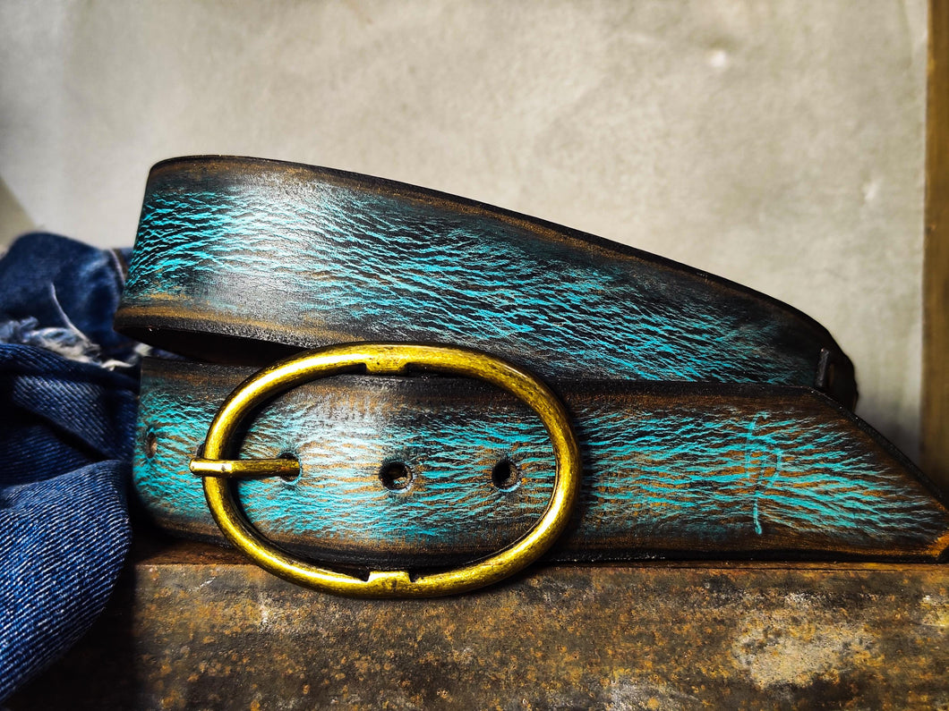 Handmade Distressed Turquoise Leather Belt | Vintage Style Blue Jeans Belt for Men & Women | Rustic Full Grain Leather Strap | Antique Brass