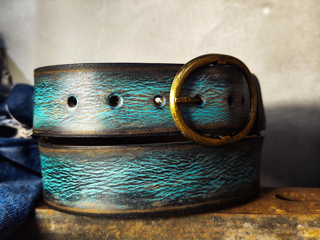 Handmade Distressed Turquoise Leather Belt | Vintage Style Blue Jeans Belt for Men & Women | Rustic Full Grain Leather Strap | Antique Brass