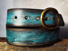 Handmade Distressed Turquoise Leather Belt | Vintage Style Blue Jeans Belt for Men & Women | Rustic Full Grain Leather Strap | Antique Brass