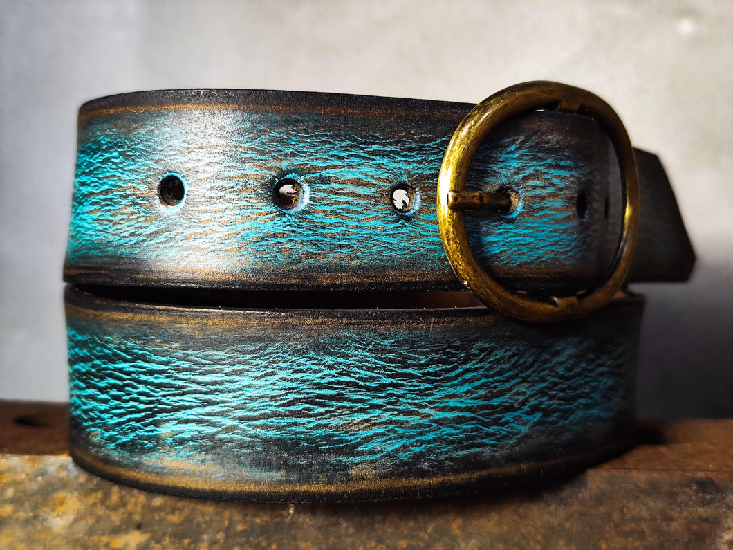 Handmade Distressed Turquoise Leather Belt | Vintage Style Blue Jeans Belt for Men & Women | Rustic Full Grain Leather Strap | Antique Brass