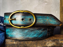 Handmade Distressed Turquoise Leather Belt | Vintage Style Blue Jeans Belt for Men & Women | Rustic Full Grain Leather Strap | Antique Brass