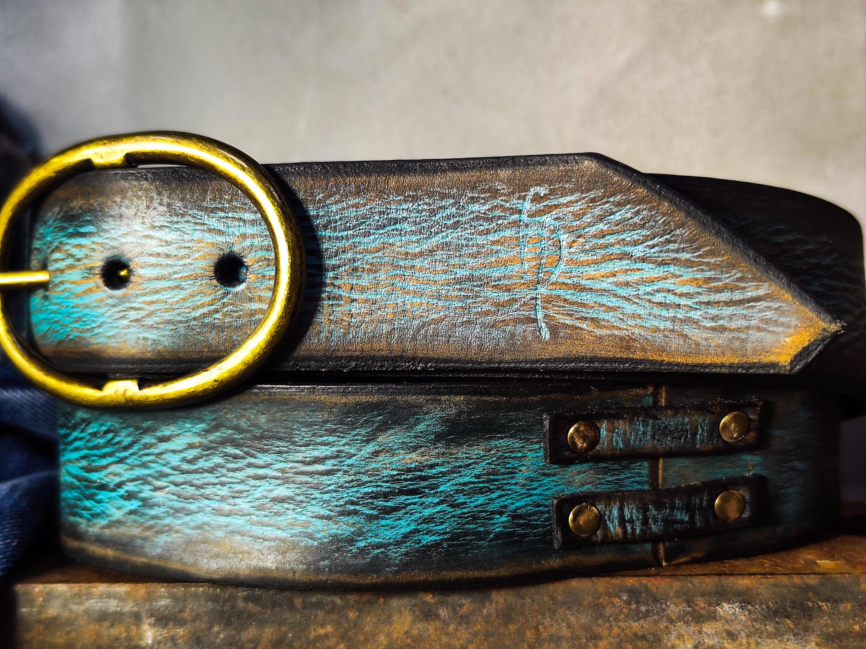 Handmade Distressed Turquoise Leather Belt | Vintage Style Blue Jeans Belt for Men & Women | Rustic Full Grain Leather Strap | Antique Brass