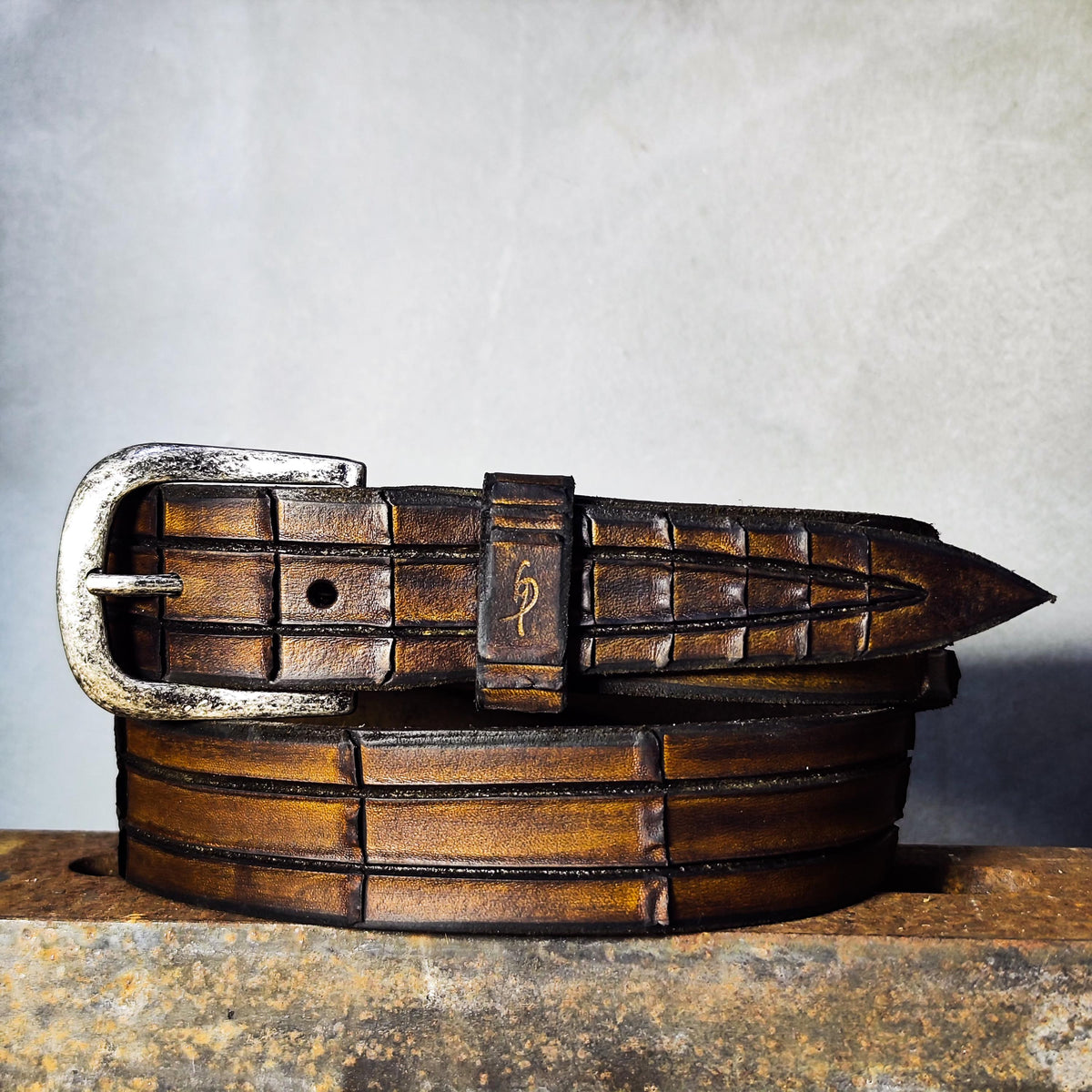 Handmade Brown Leather Crocodile Belt - Textured Design