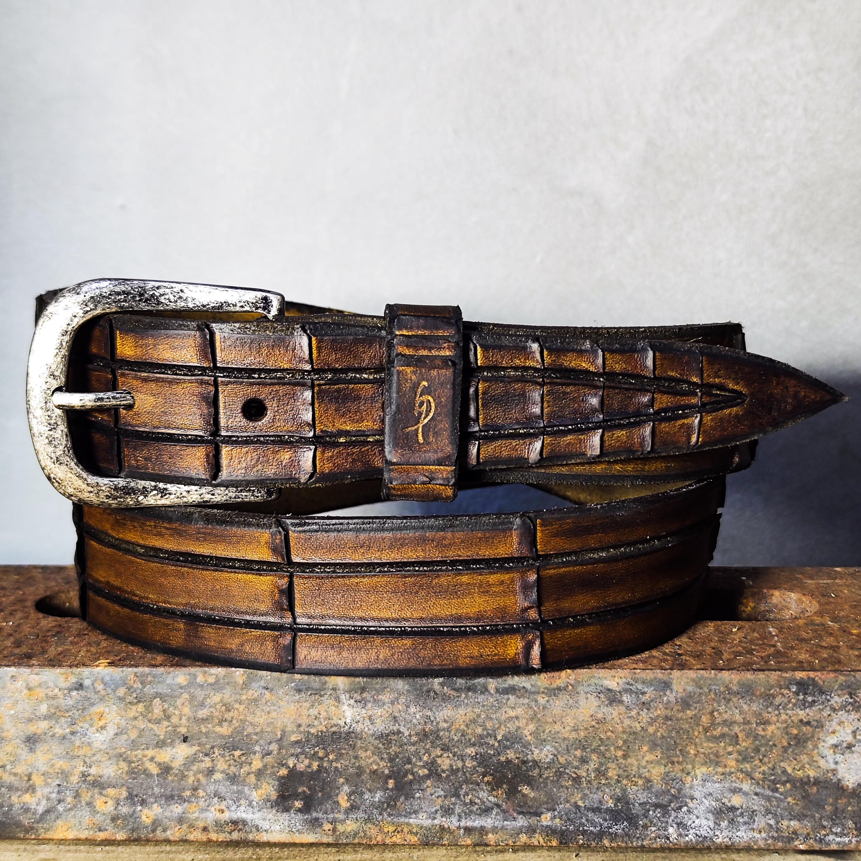 Handmade Brown Leather Crocodile Belt - Textured Design