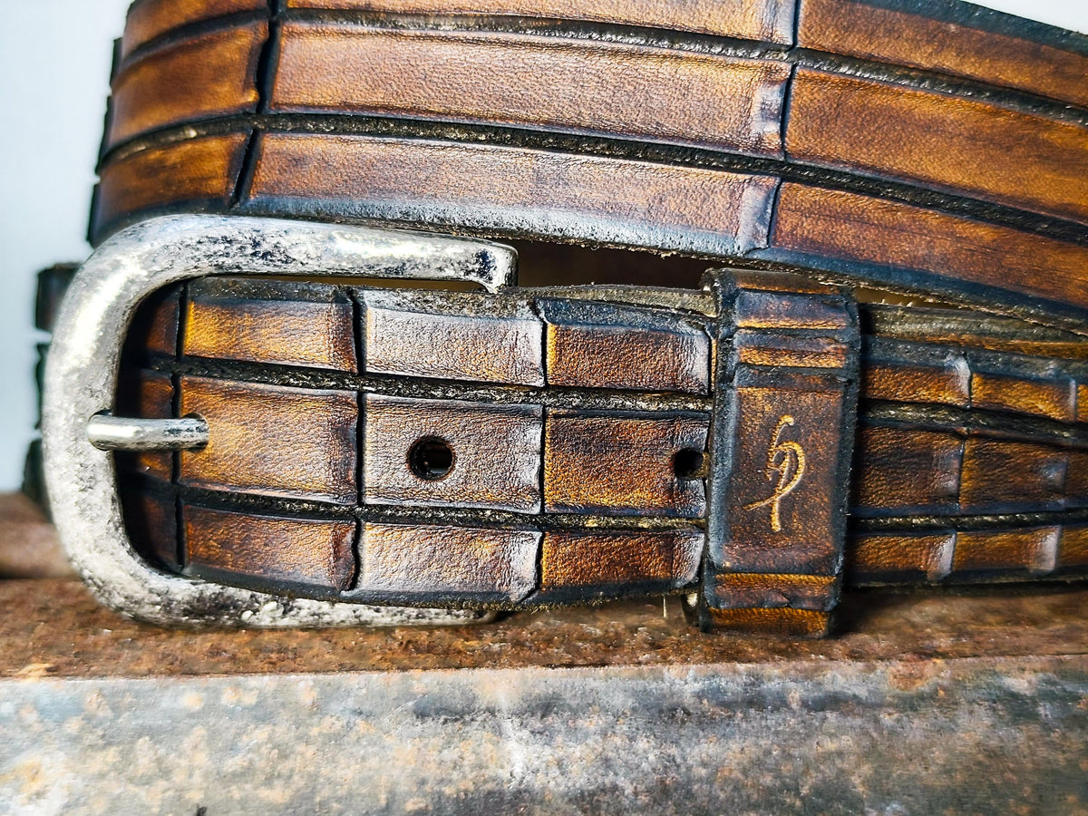 Handmade Brown Leather Crocodile Belt - Textured Design