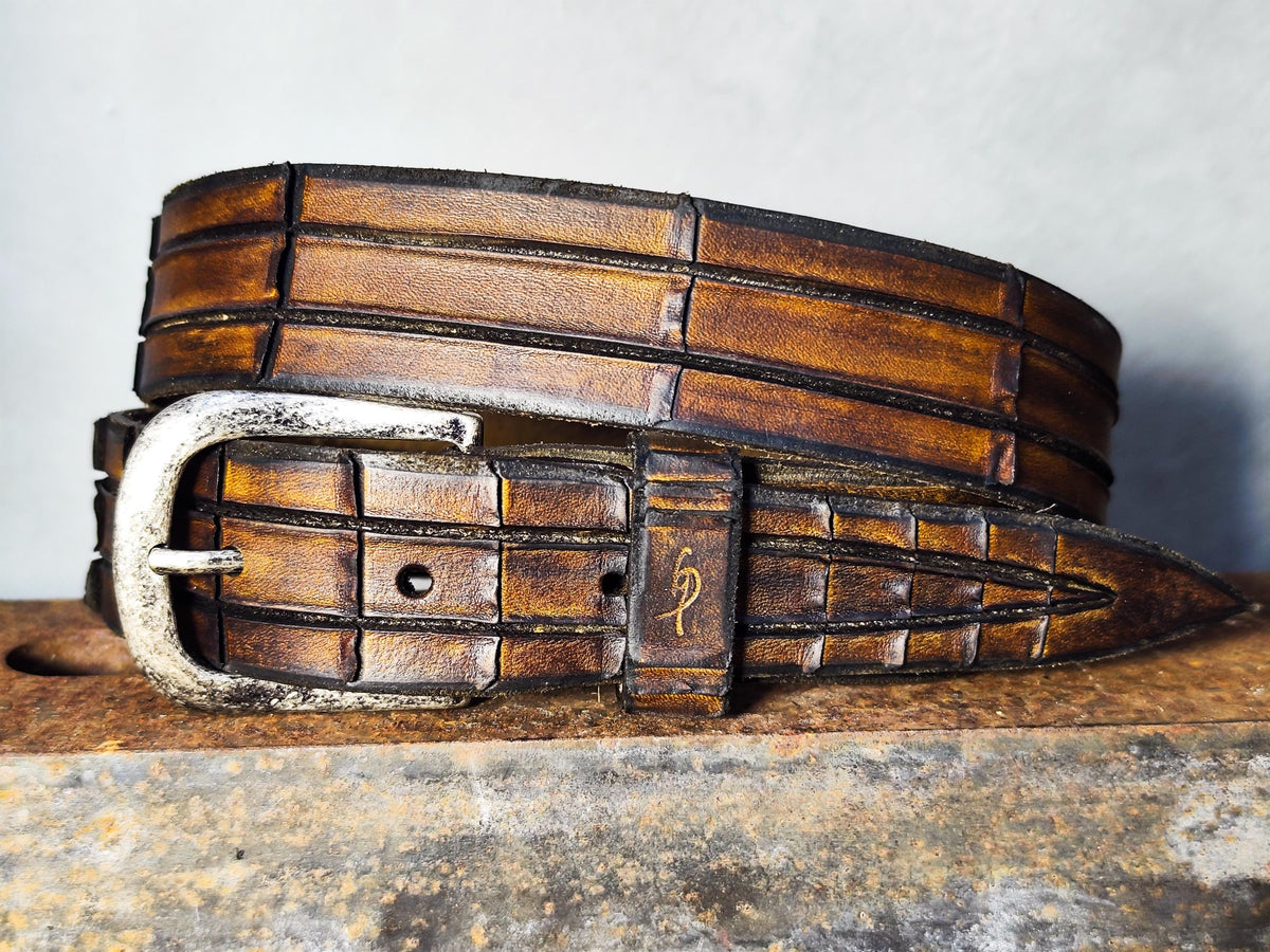 Handmade Brown Leather Crocodile Belt - Textured Design