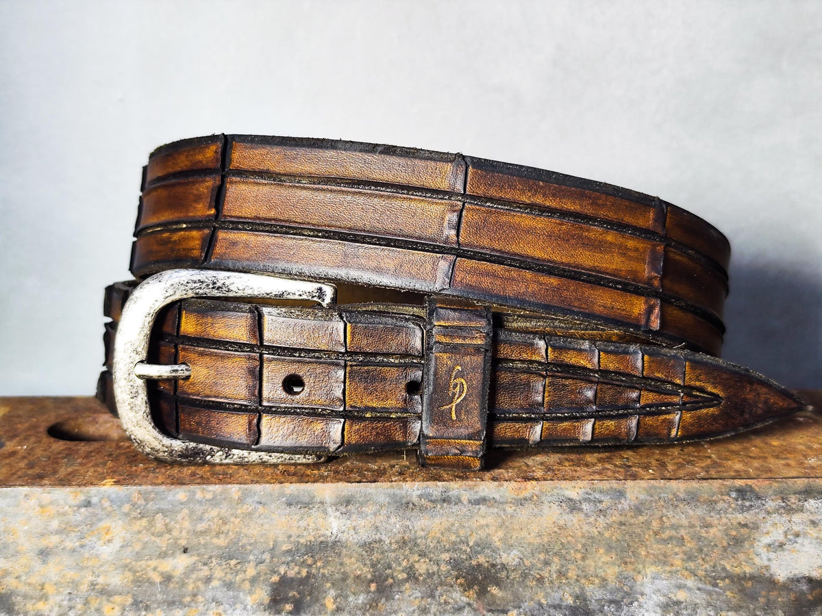 Handmade Brown Leather Crocodile Belt - Textured Design