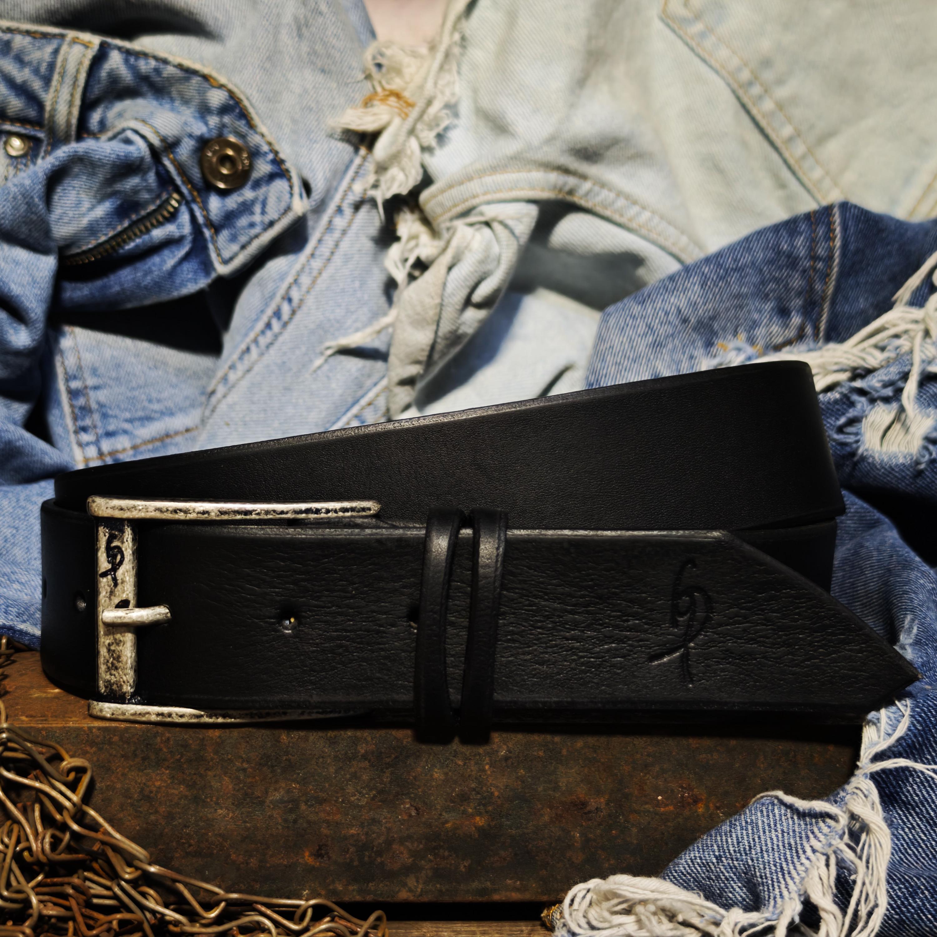 Black Leather Mens Belt with Silver Buckle and Personalization Option