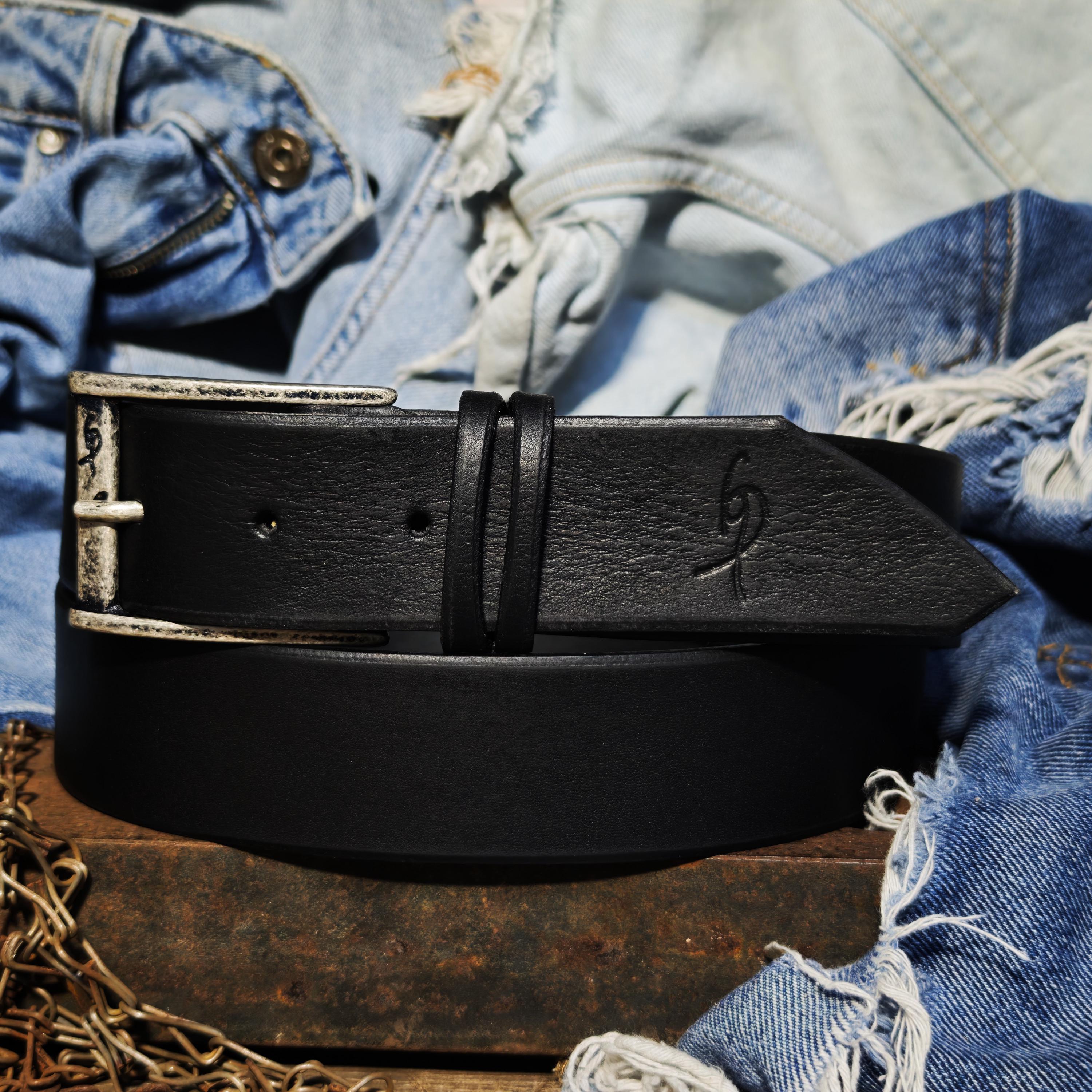 Black Leather Mens Belt with Silver Buckle and Personalization Option