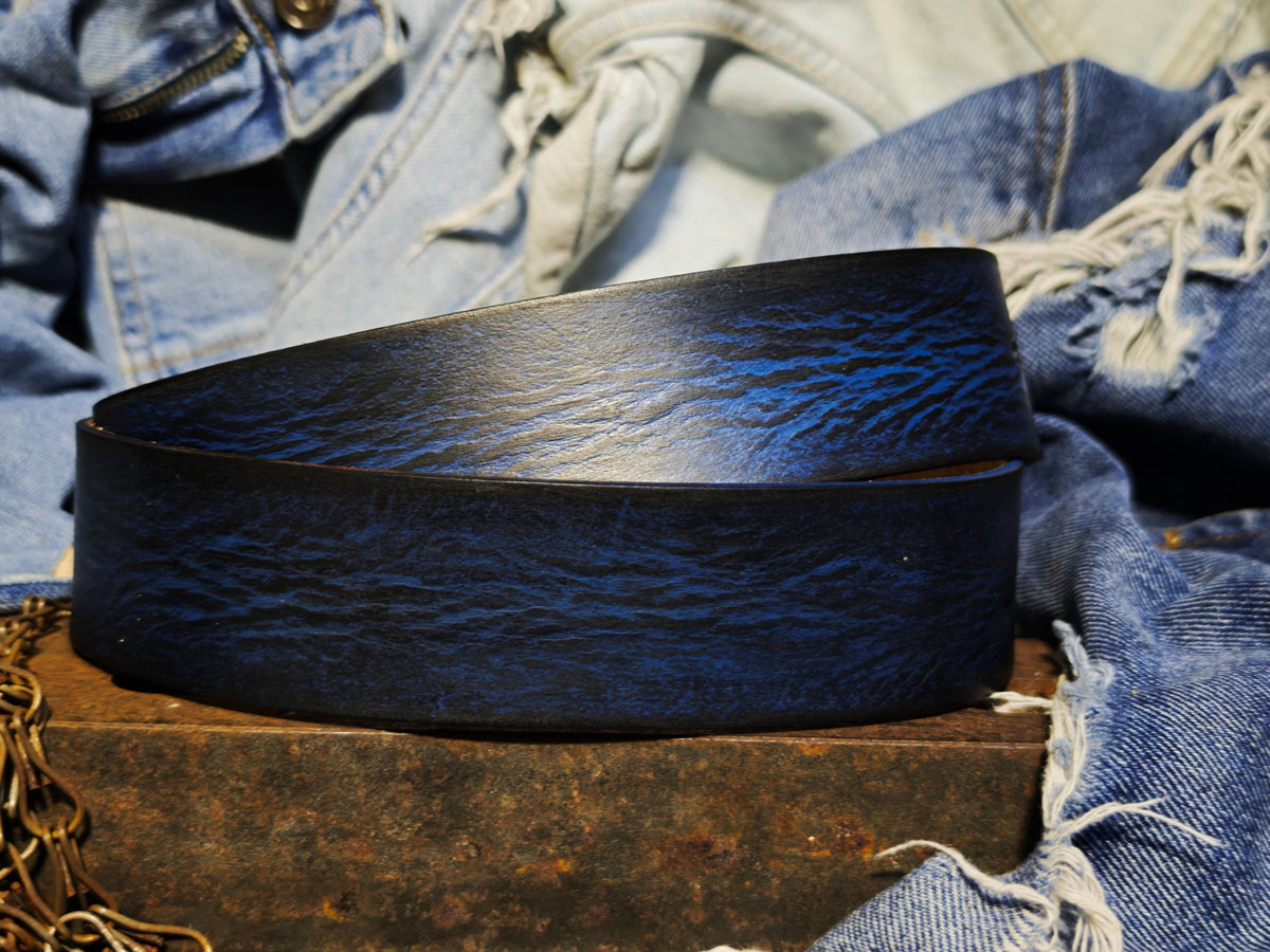 Hand-Dyed Leather Belt, Deep Blue Wave Texture, Men's Jeans Waistband