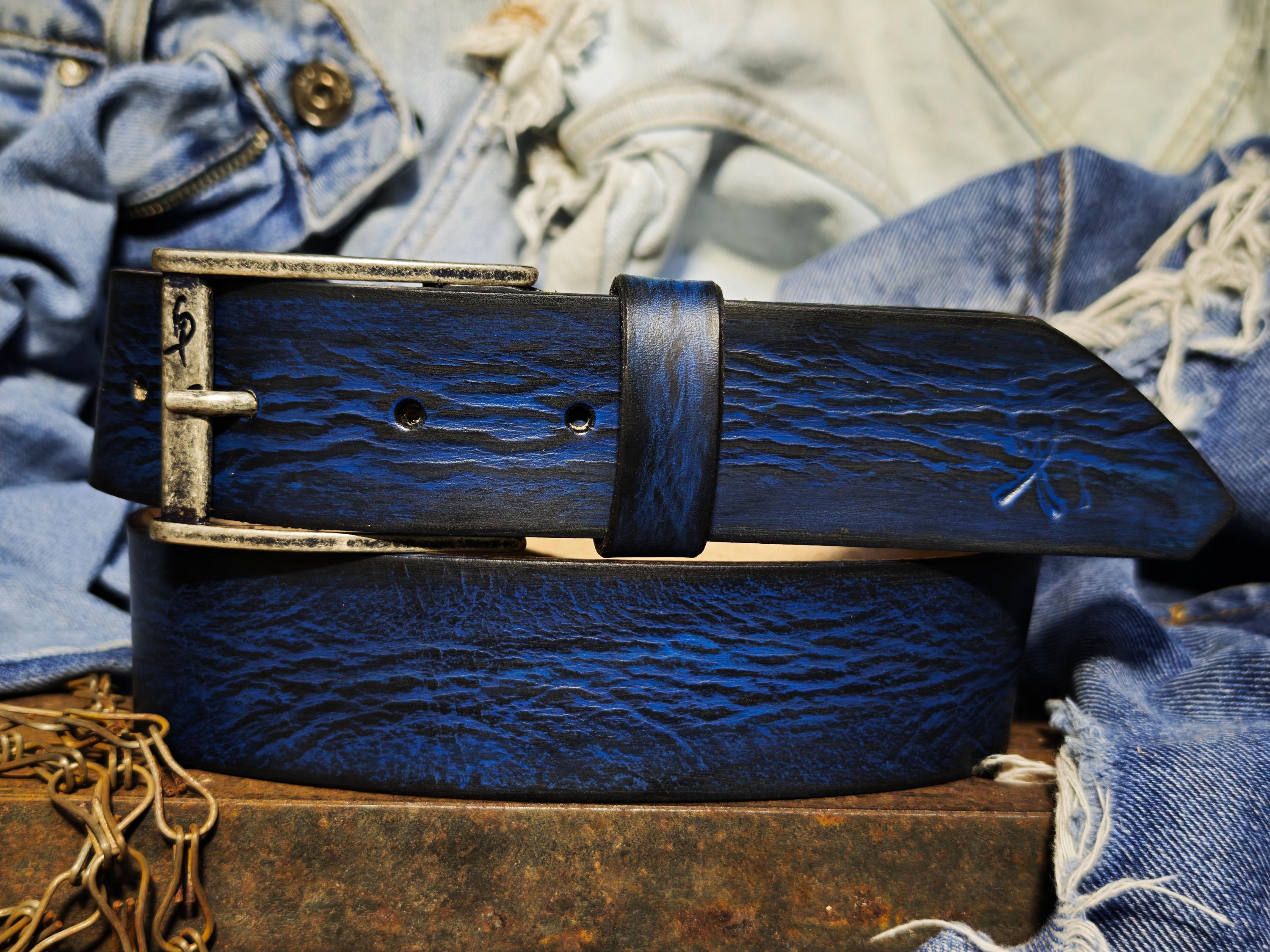 Hand-Dyed Leather Belt, Deep Blue Wave Texture, Men's Jeans Waistband
