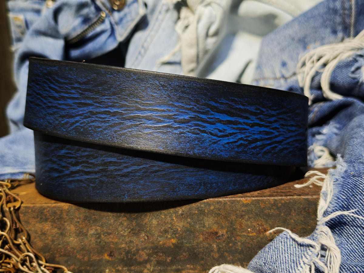 Hand-Dyed Leather Belt, Deep Blue Wave Texture, Men's Jeans Waistband