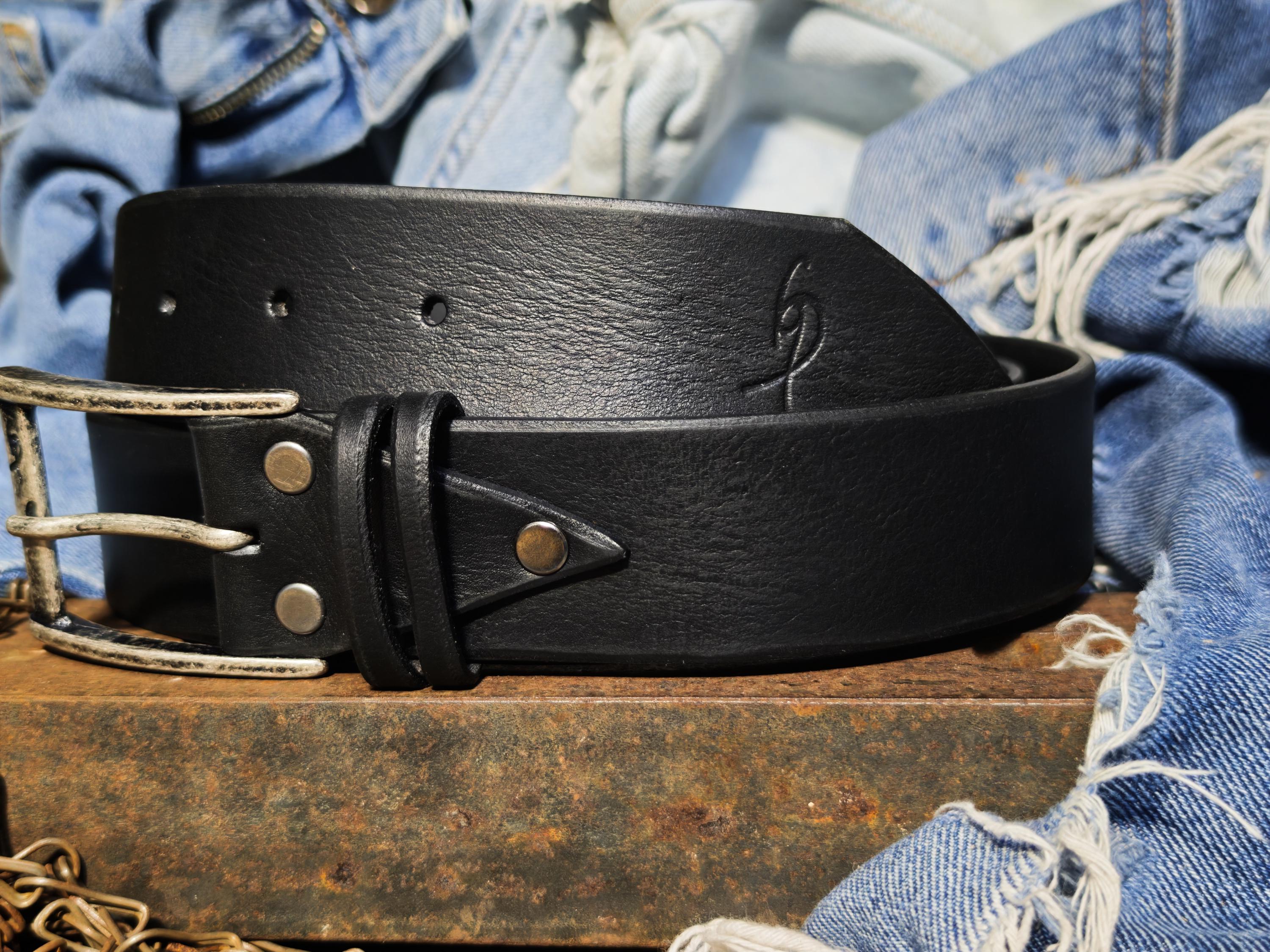 Black Leather Mens Belt with Silver Buckle and Personalization Option