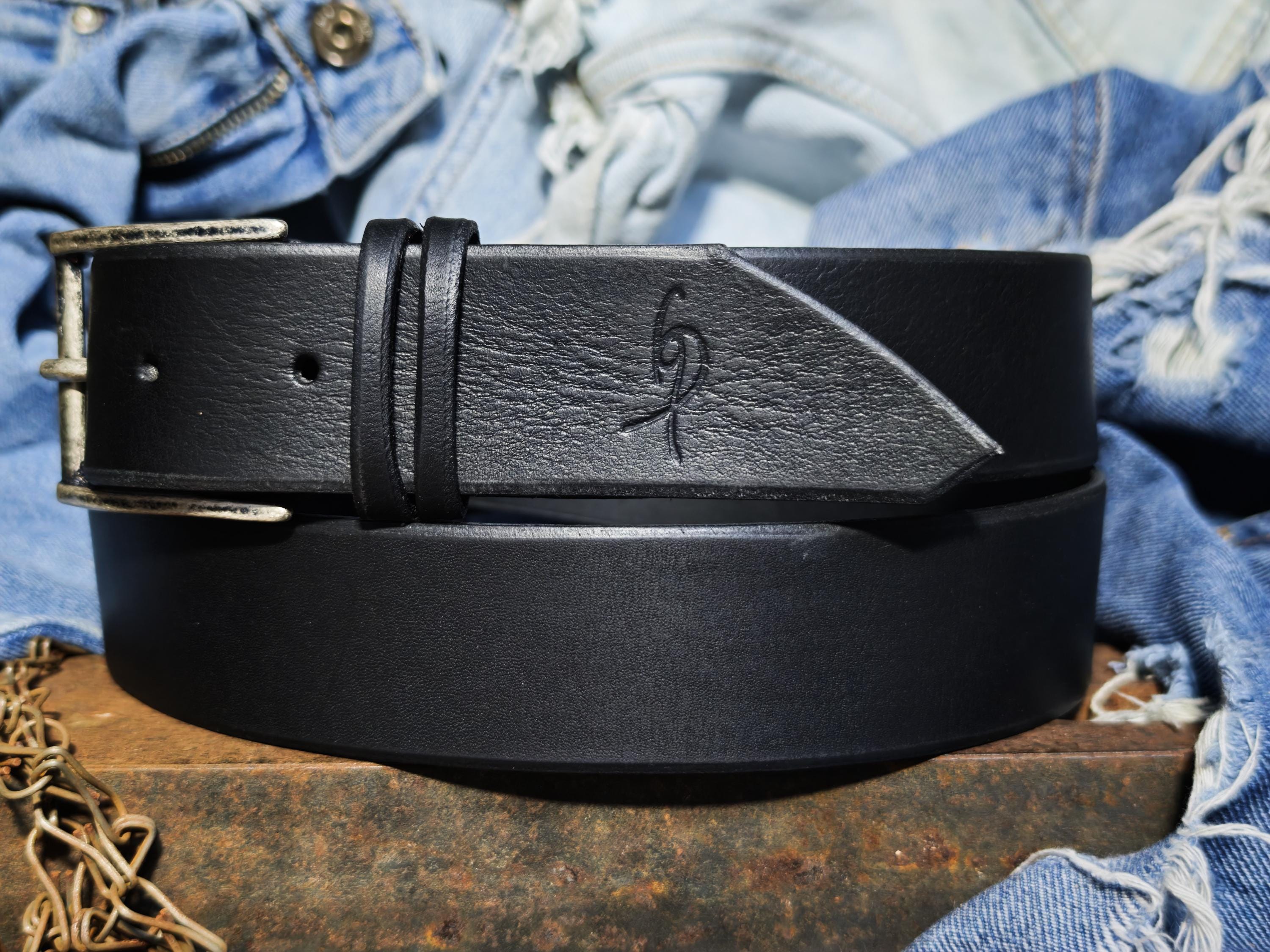 Black Leather Mens Belt with Silver Buckle and Personalization Option