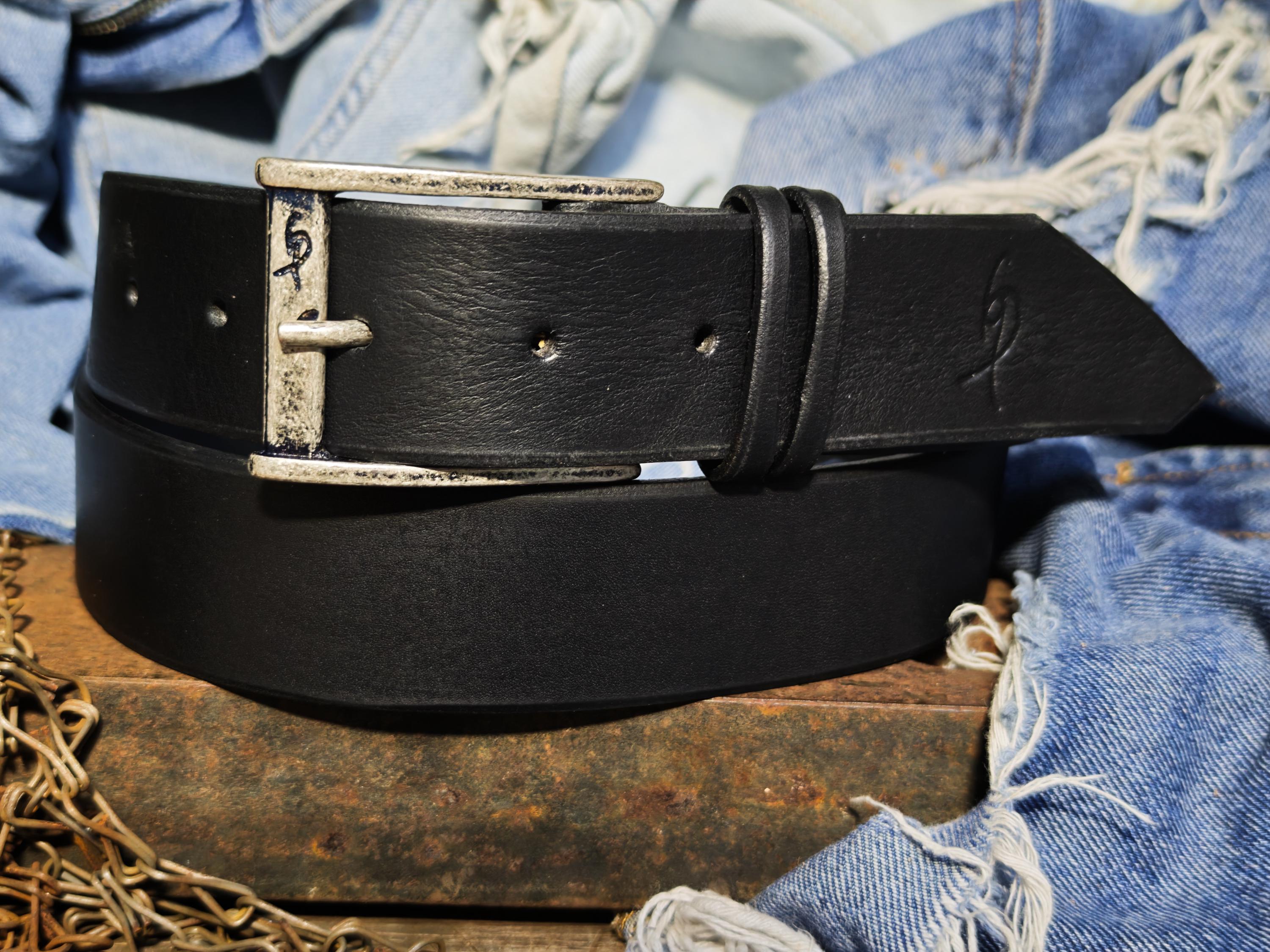 Black Leather Mens Belt with Silver Buckle and Personalization Option