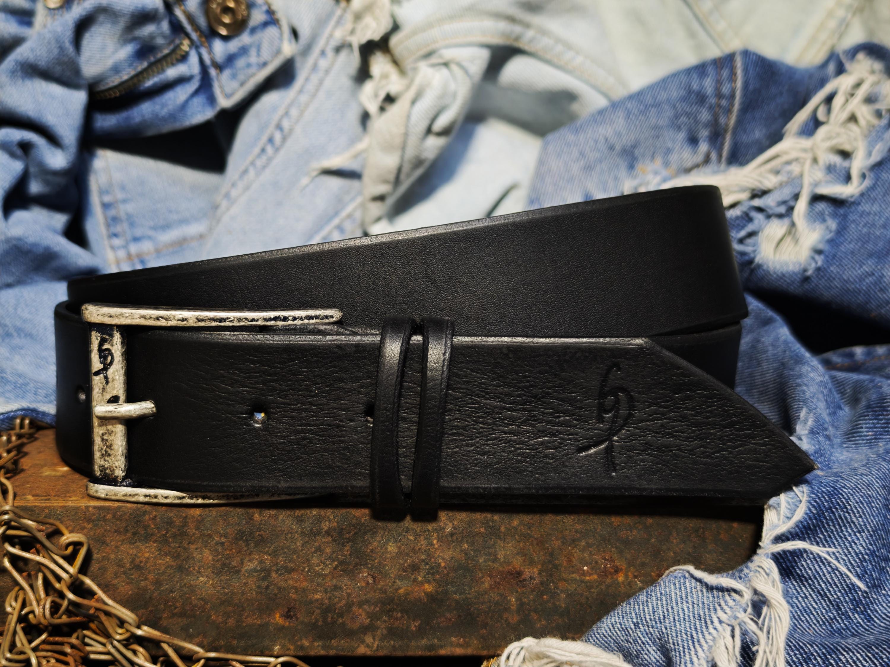 Black Leather Mens Belt with Silver Buckle and Personalization Option