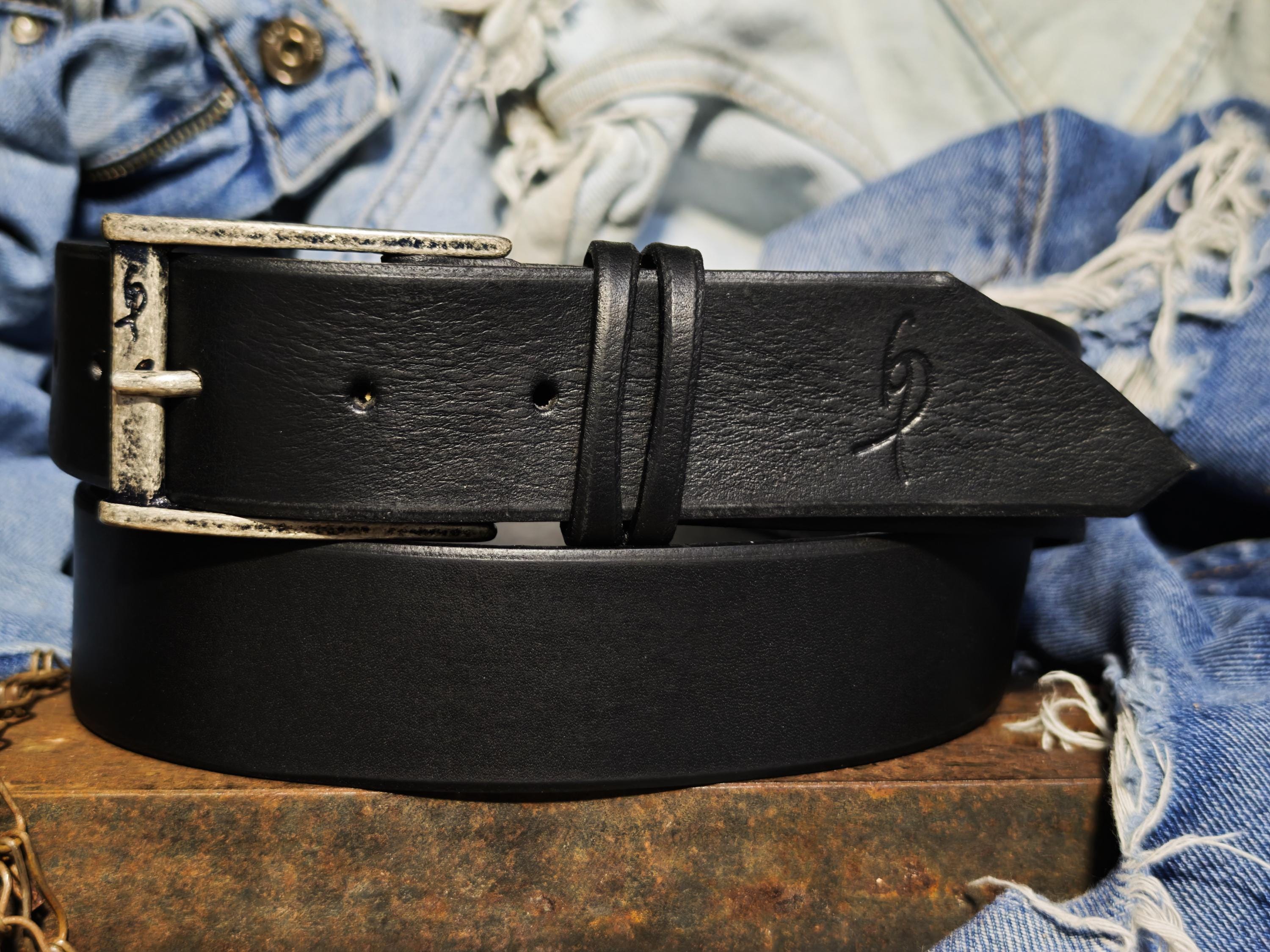 Black Leather Mens Belt with Silver Buckle and Personalization Option
