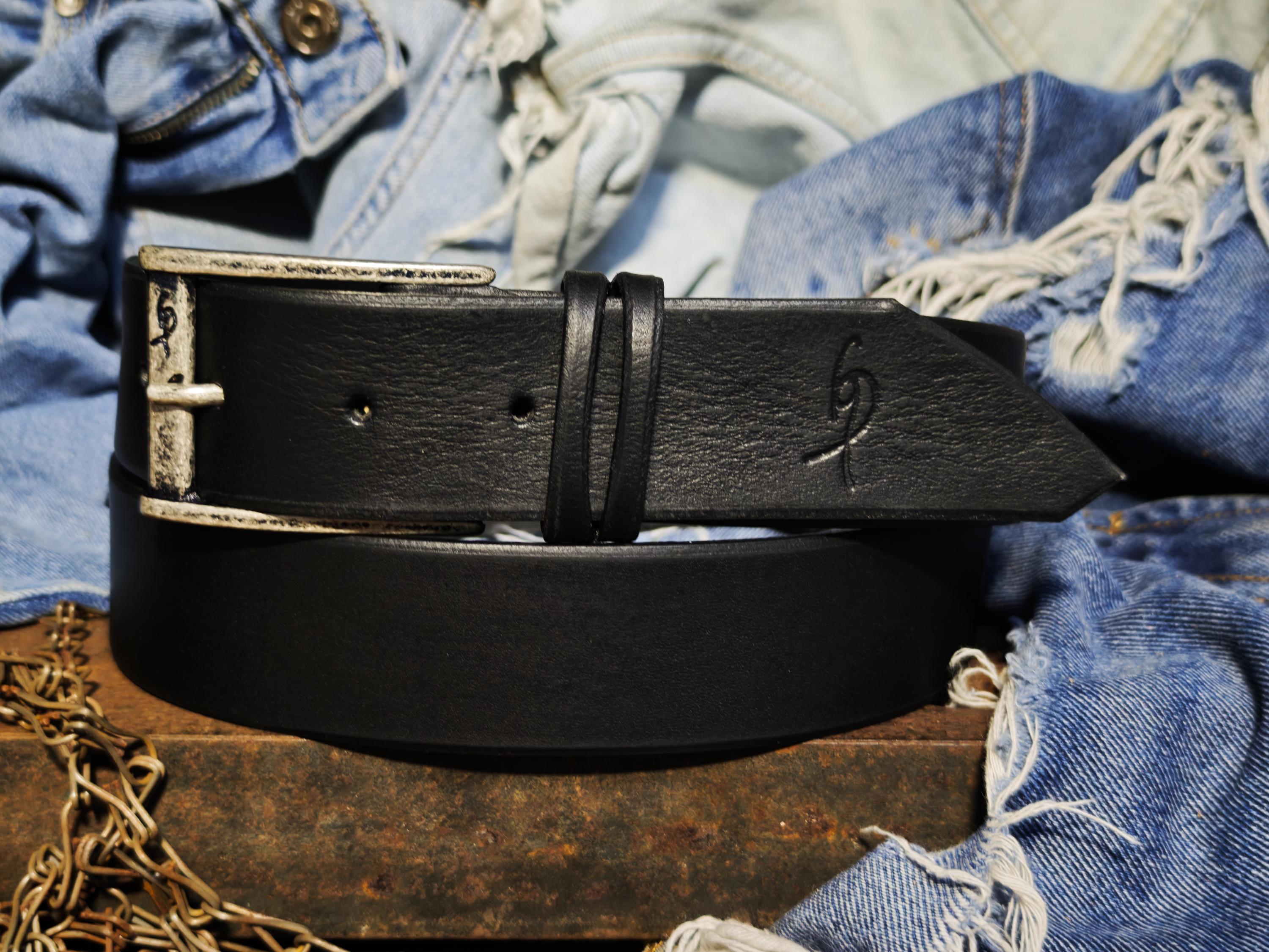 Black Leather Mens Belt with Silver Buckle and Personalization Option
