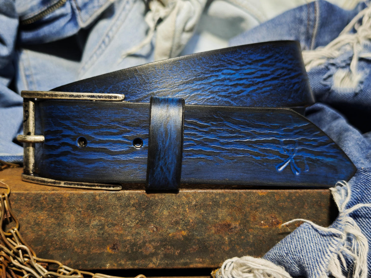 Hand-Dyed Leather Belt, Deep Blue Wave Texture, Men's Jeans Waistband