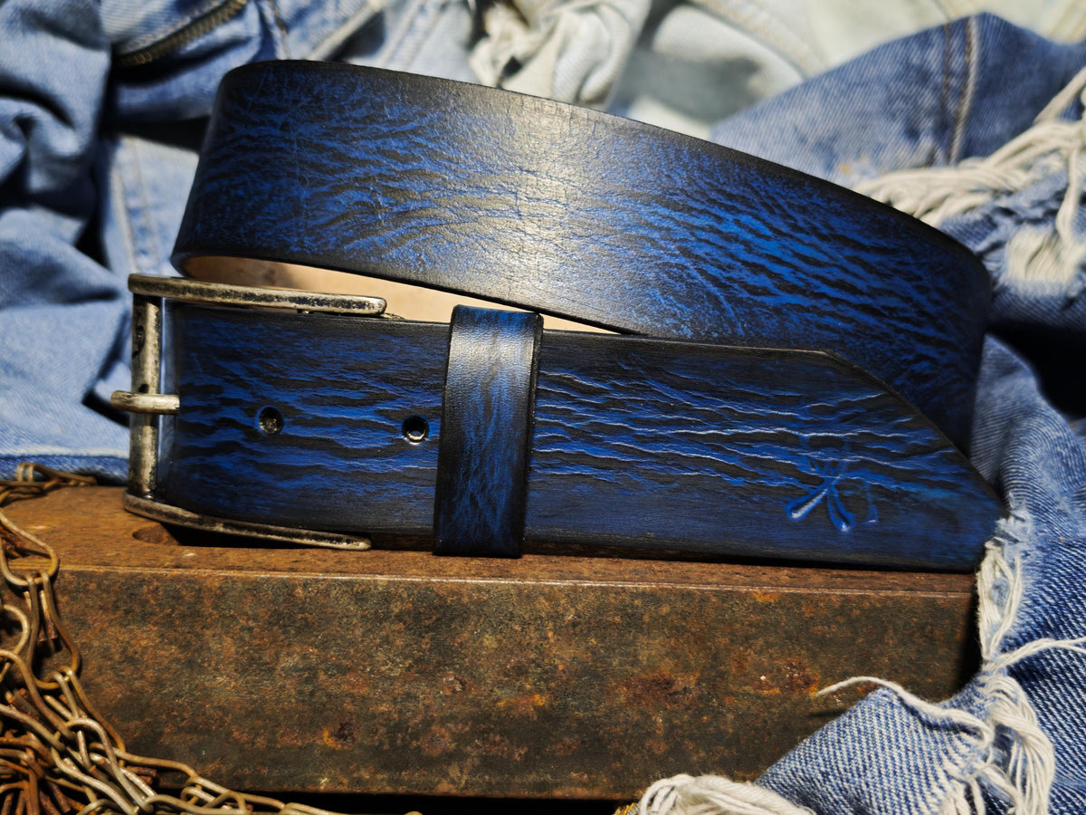 Hand-Dyed Leather Belt, Deep Blue Wave Texture, Men's Jeans Waistband