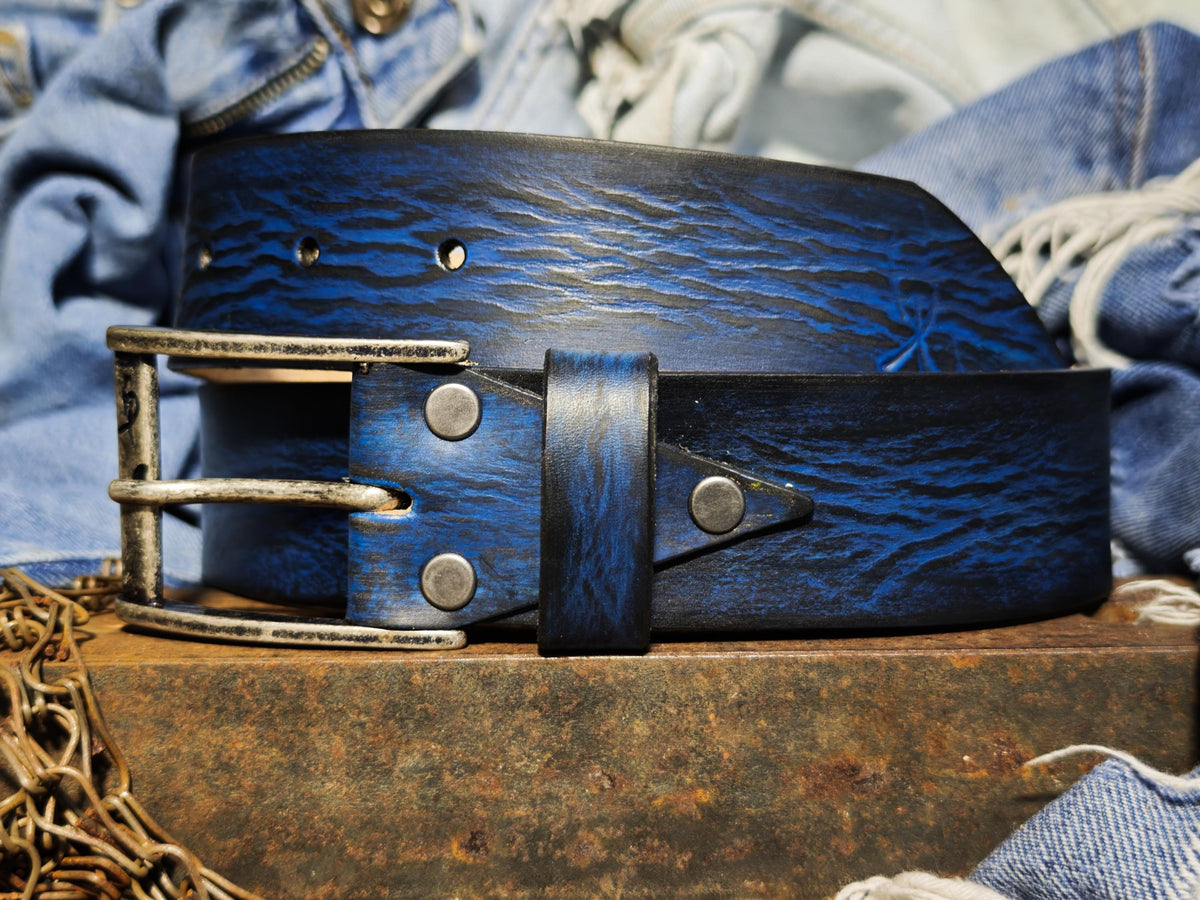 Hand-Dyed Leather Belt, Deep Blue Wave Texture, Men's Jeans Waistband