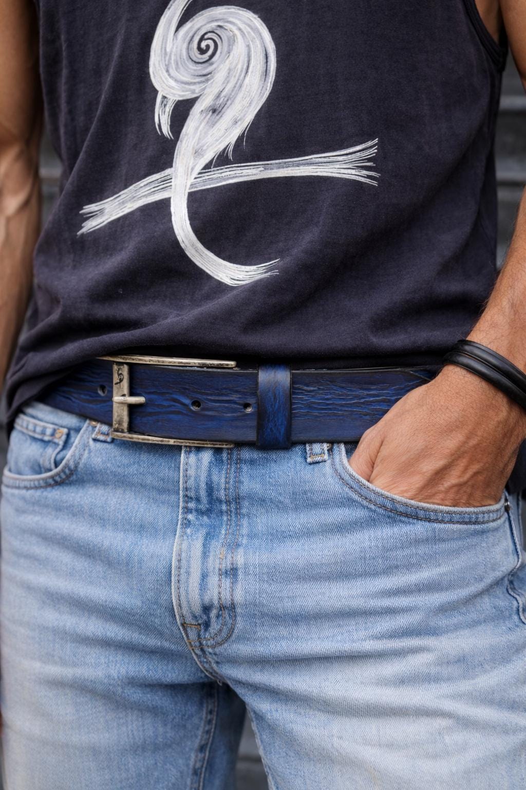Hand-Dyed Leather Belt, Deep Blue Wave Texture, Men's Jeans Waistband
