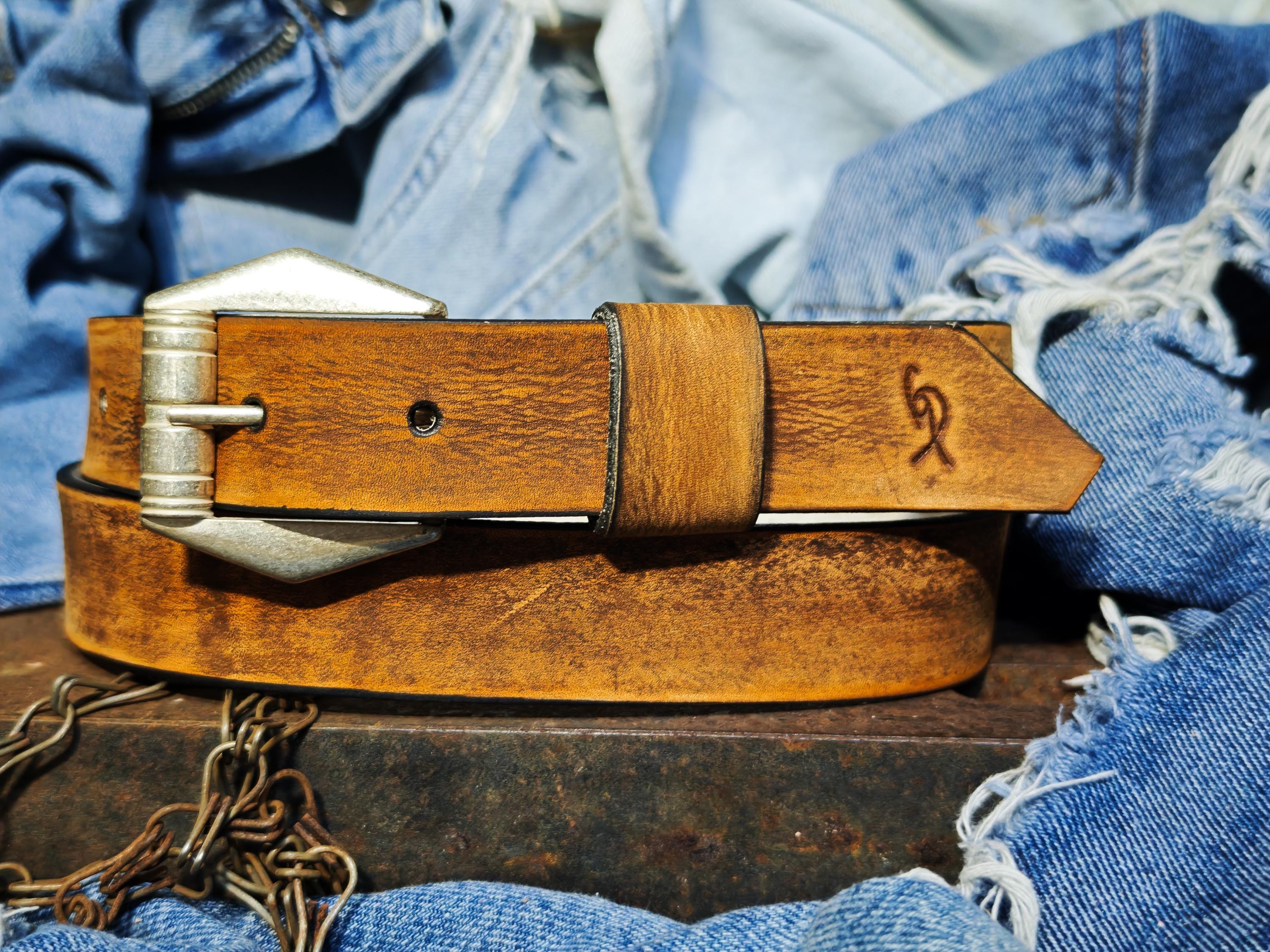 Slim Brown Vintage Leather Belt for Women 2.8 cm Handmade with silver design Buckle