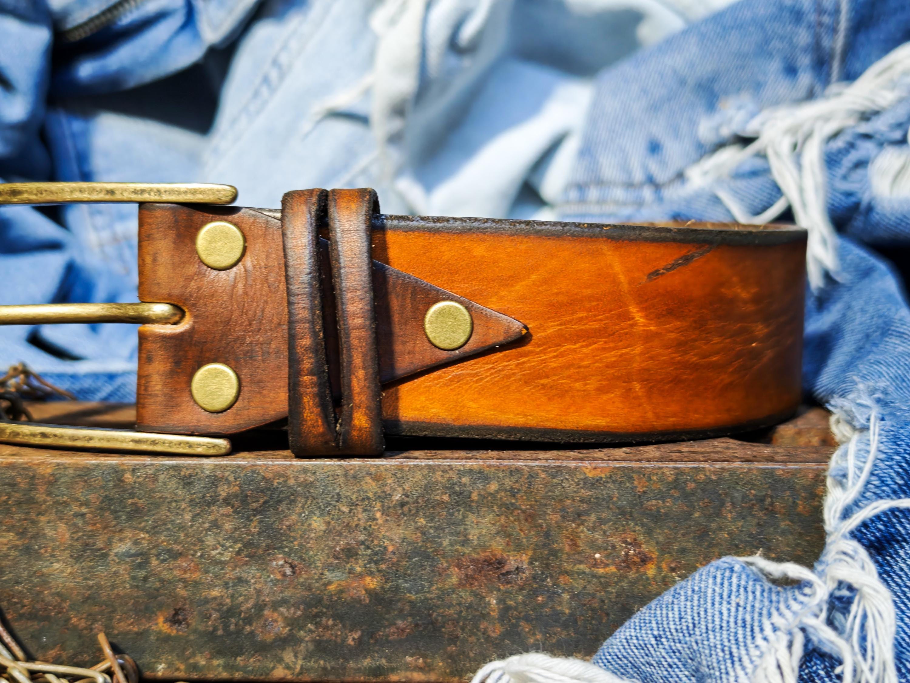 Handmade Two-Piece Brown Leather Belt Unique Two-Tone Design 4.2cm Width Versatile Statement Belt ISHAOR Original