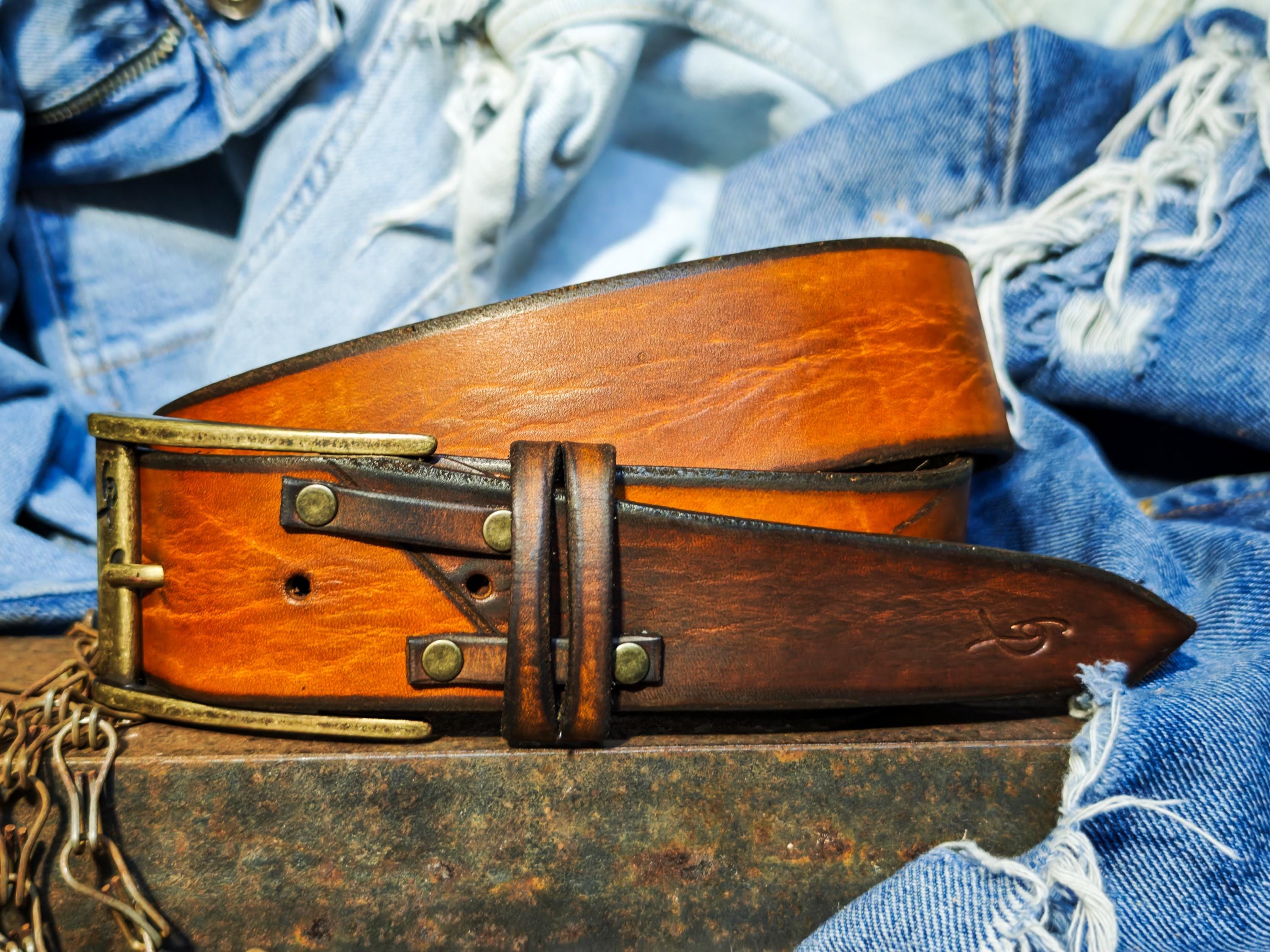 Handmade Two-Piece Brown Leather Belt Unique Two-Tone Design 4.2cm Width Versatile Statement Belt ISHAOR Original