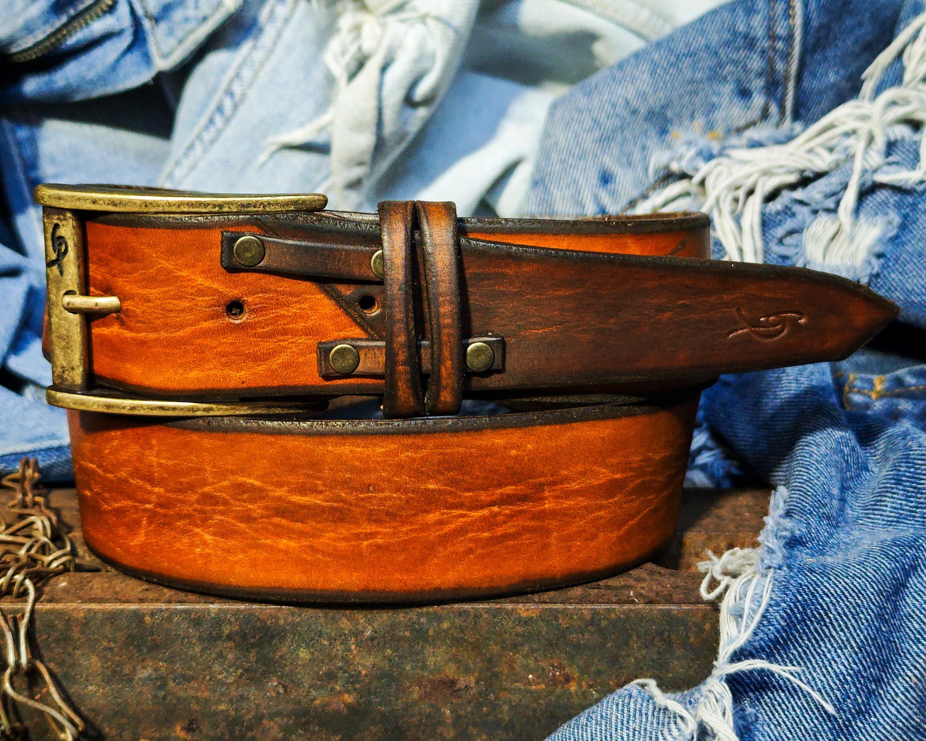 Handmade Two-Piece Brown Leather Belt Unique Two-Tone Design 4.2cm Width Versatile Statement Belt ISHAOR Original