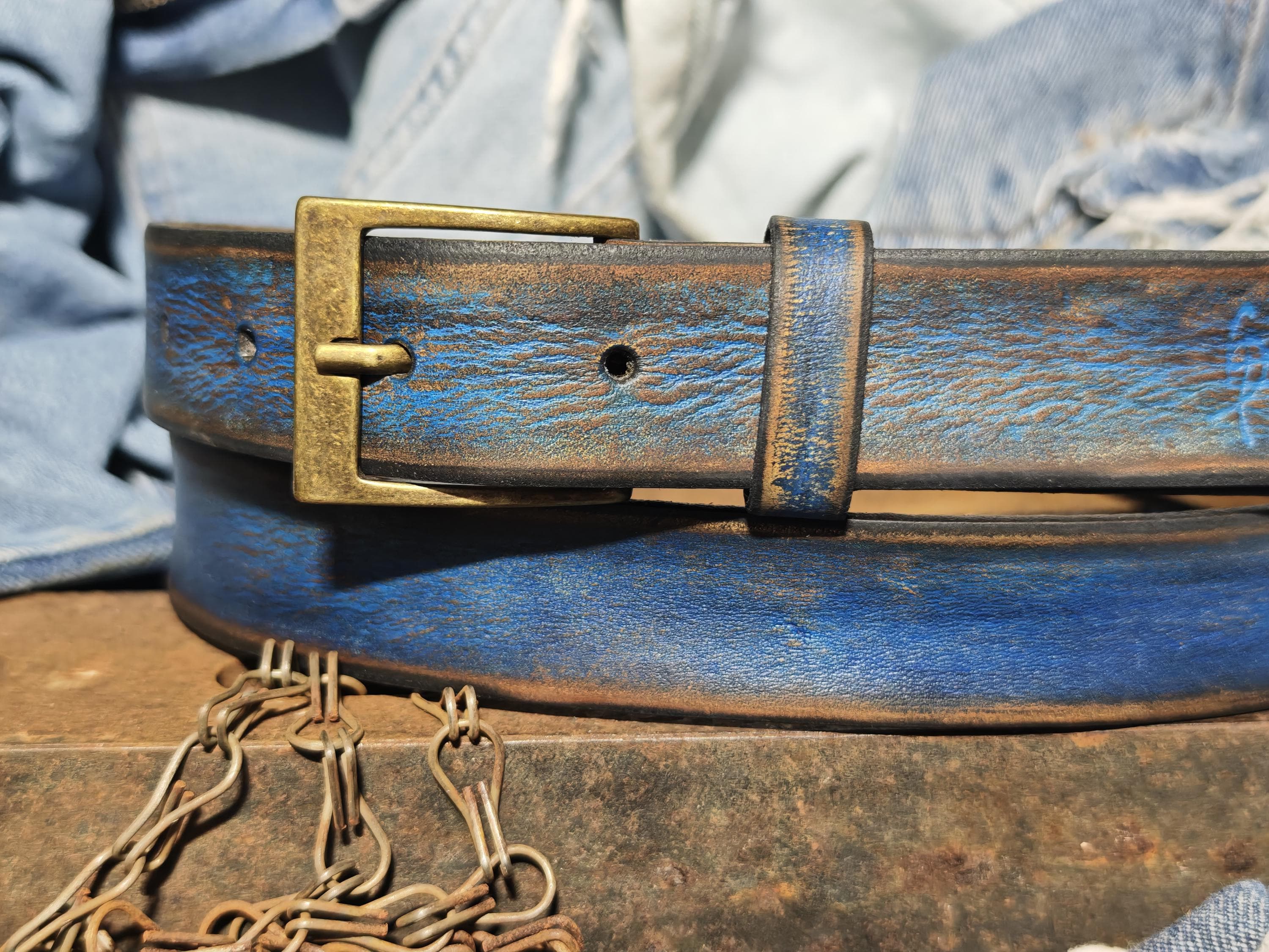 Men's Blue Leather Belt, Vintage Style, Custom Full Grain Leather