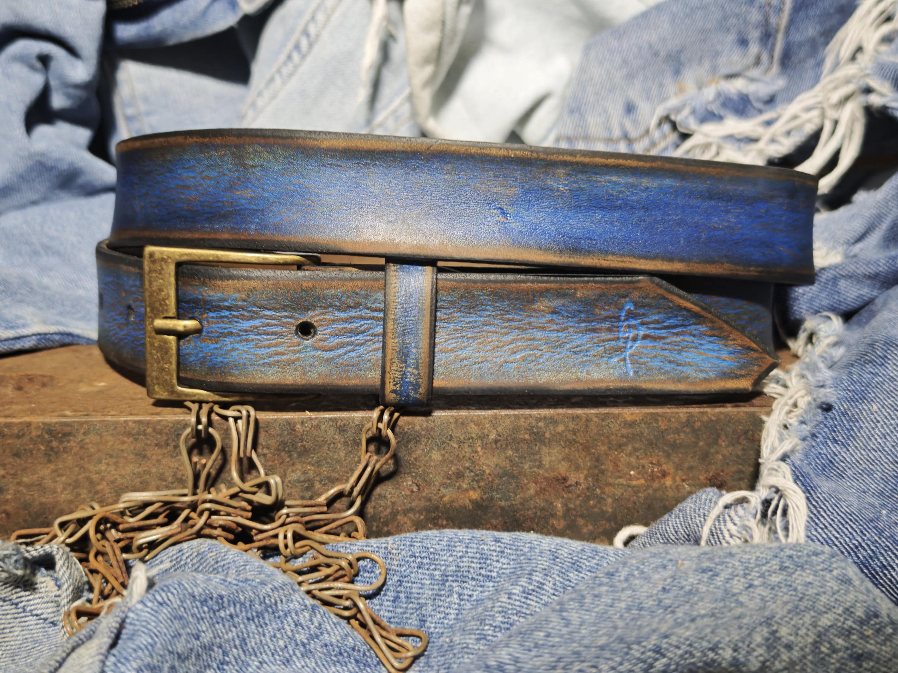 Men's Blue Leather Belt, Vintage Style, Custom Full Grain Leather