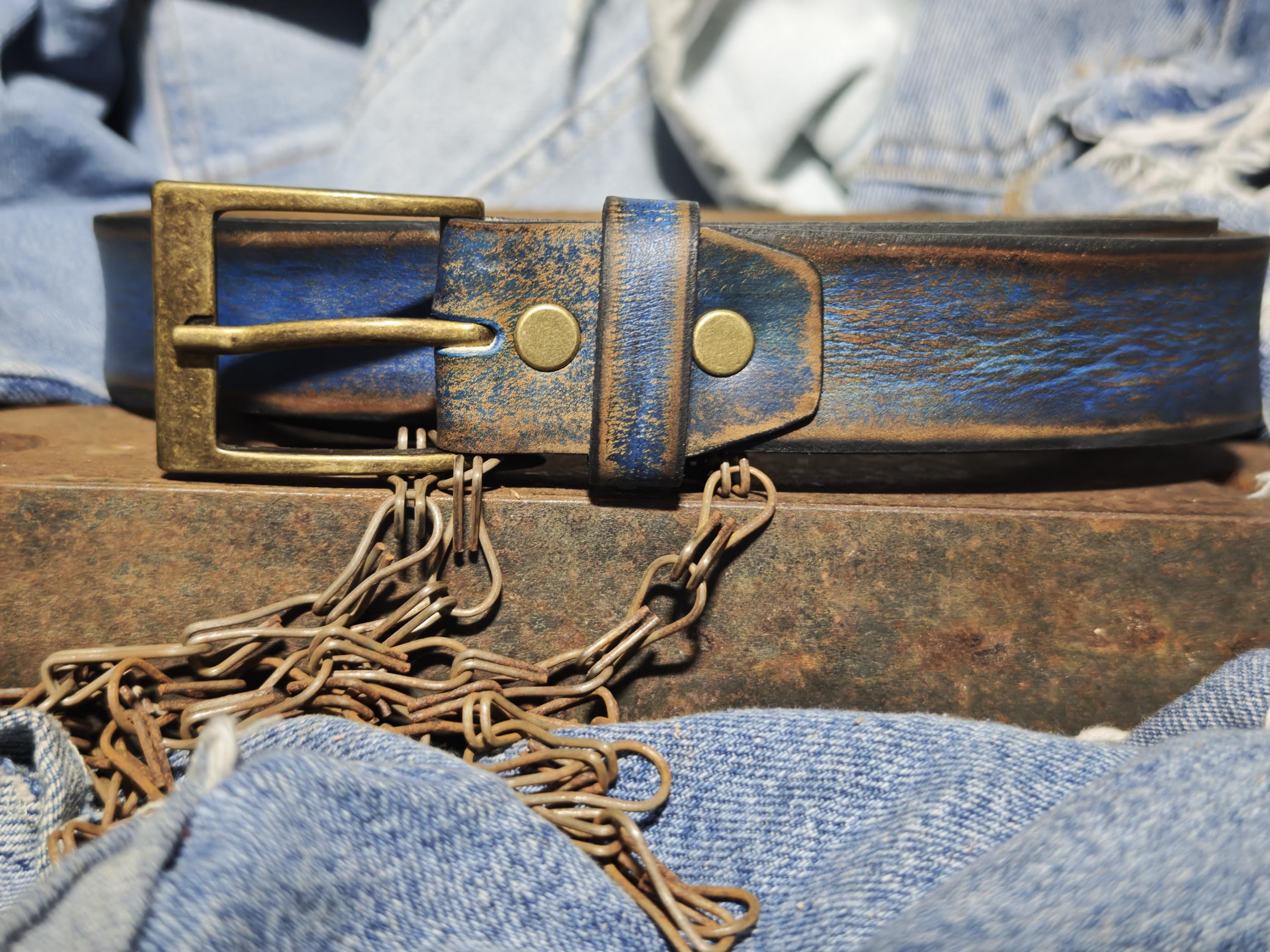Men's Blue Leather Belt, Vintage Style, Custom Full Grain Leather