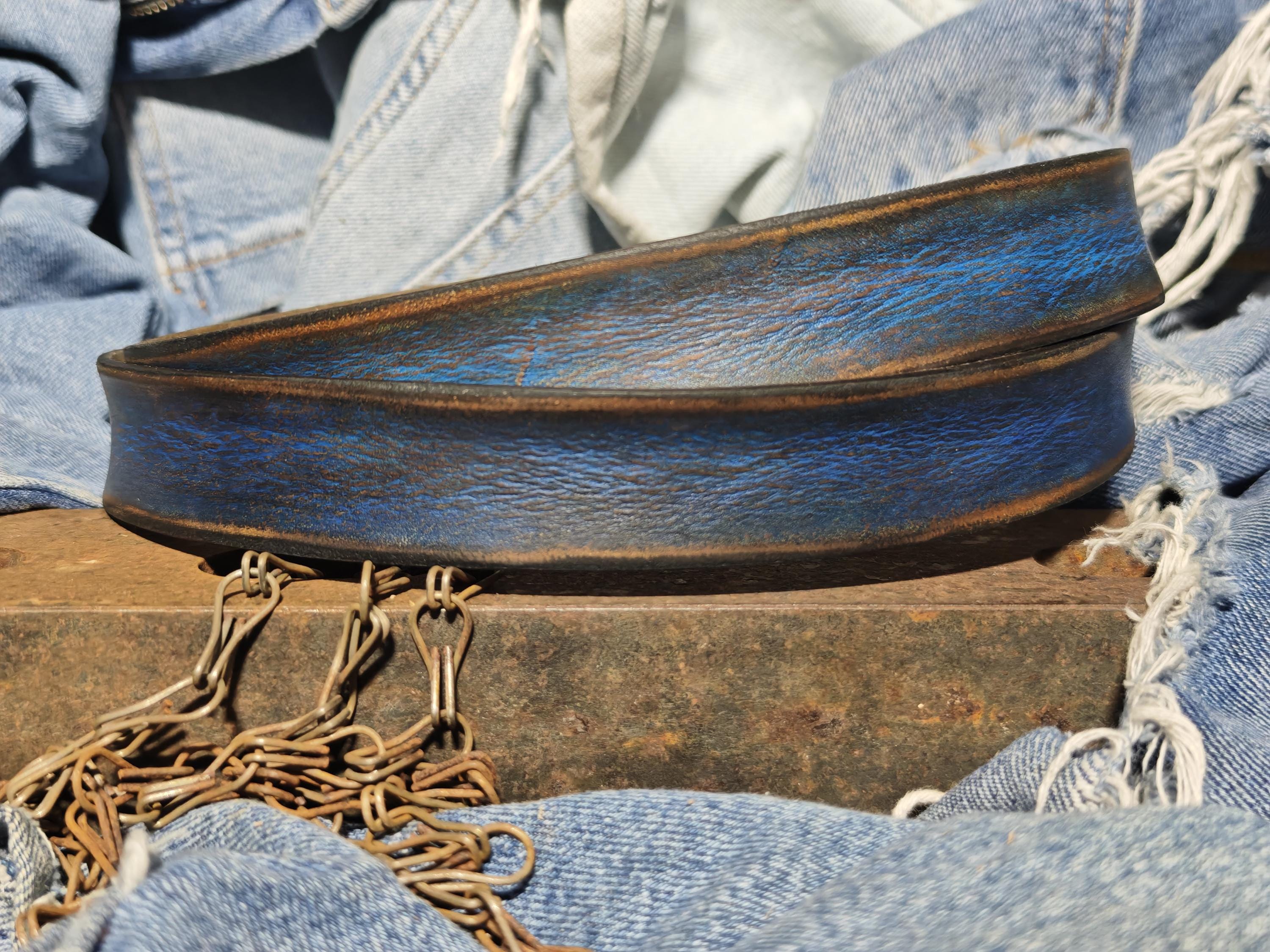 Men's Blue Leather Belt, Vintage Style, Custom Full Grain Leather