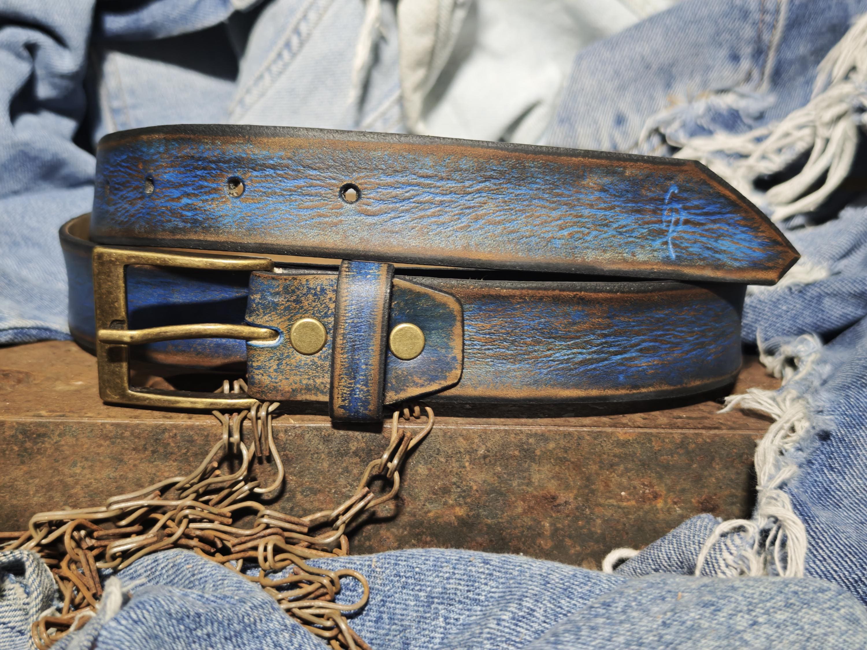 Men's Blue Leather Belt, Vintage Style, Custom Full Grain Leather