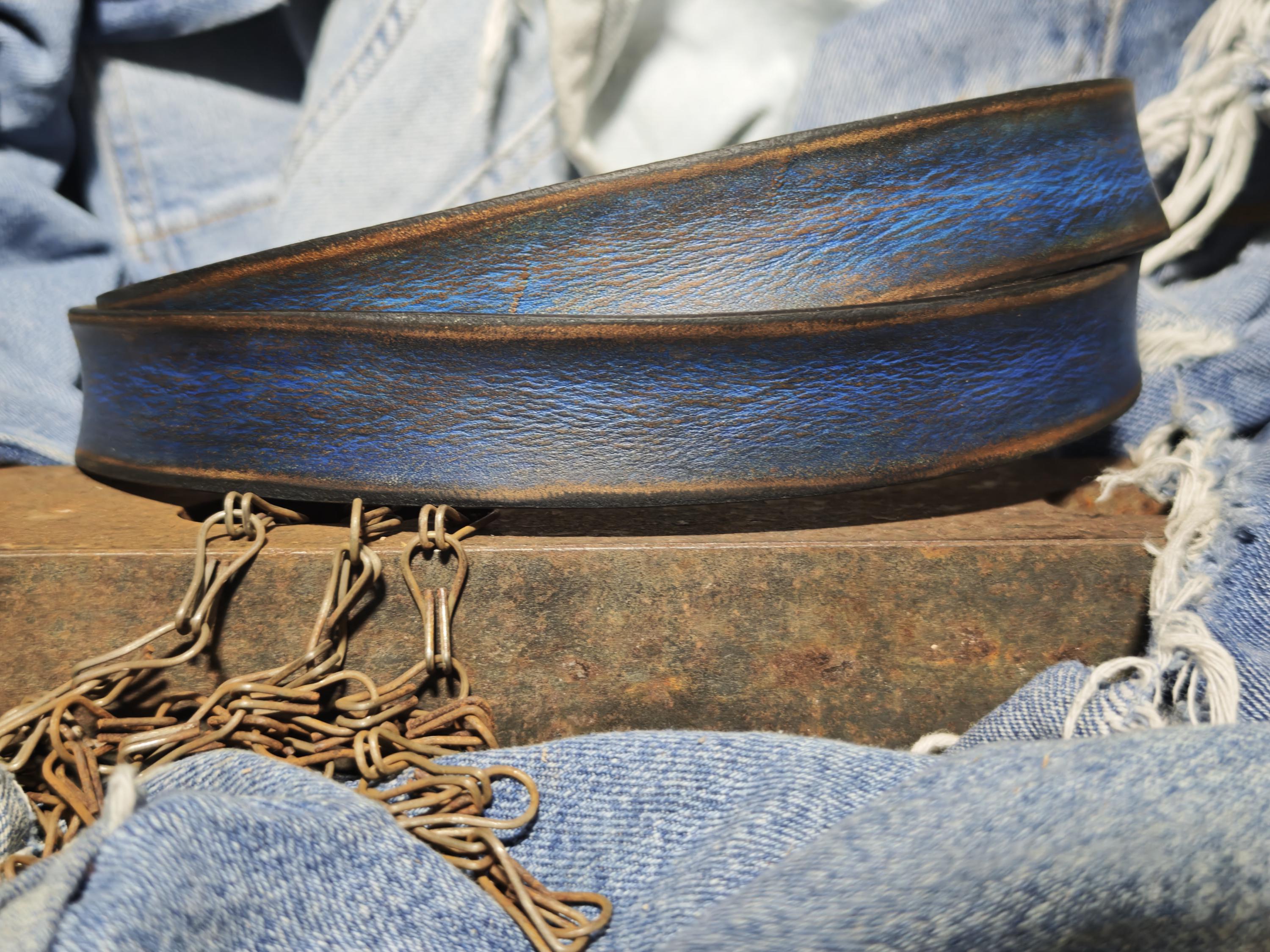 Men's Blue Leather Belt, Vintage Style, Custom Full Grain Leather