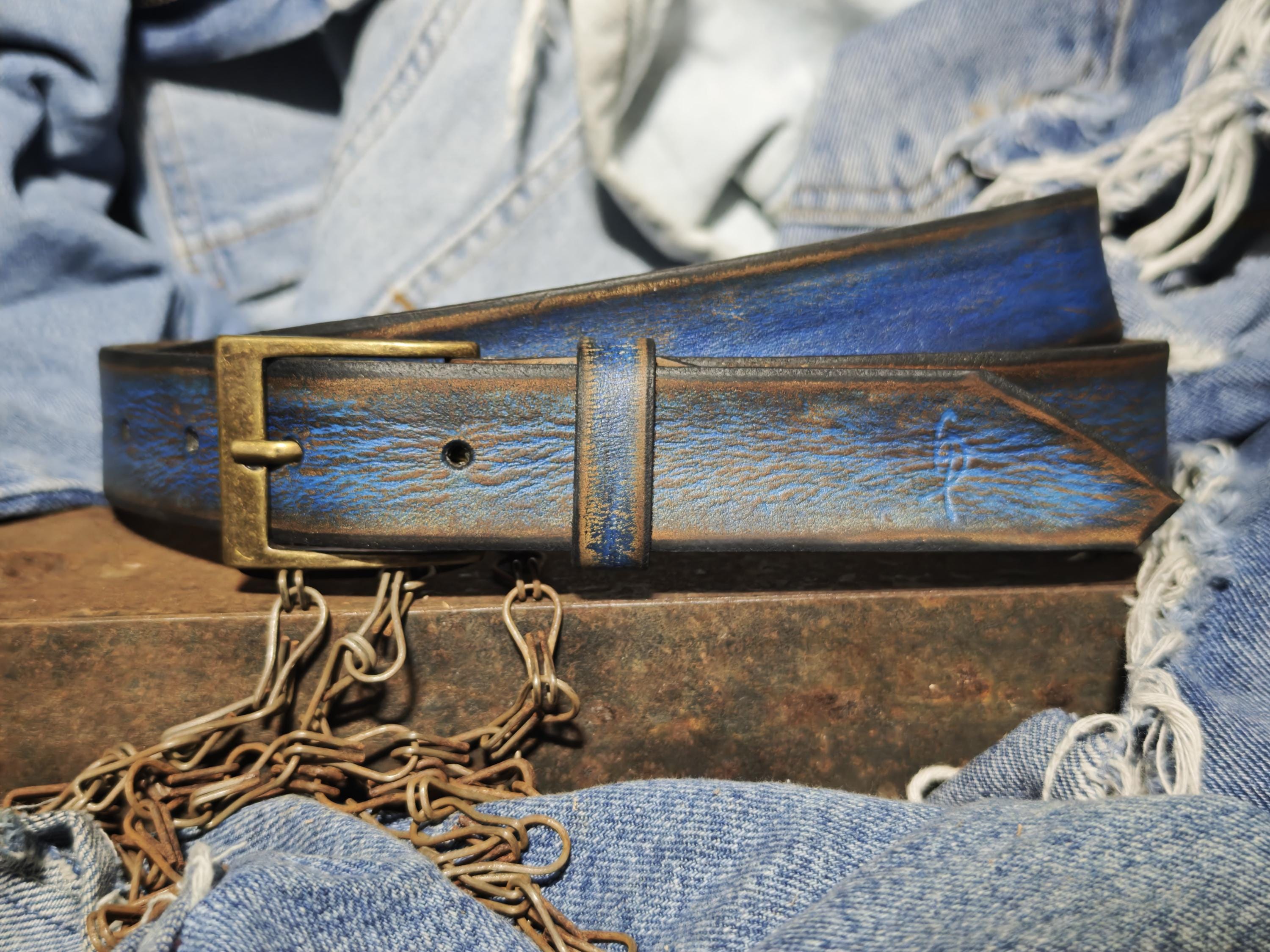Men's Blue Leather Belt, Vintage Style, Custom Full Grain Leather