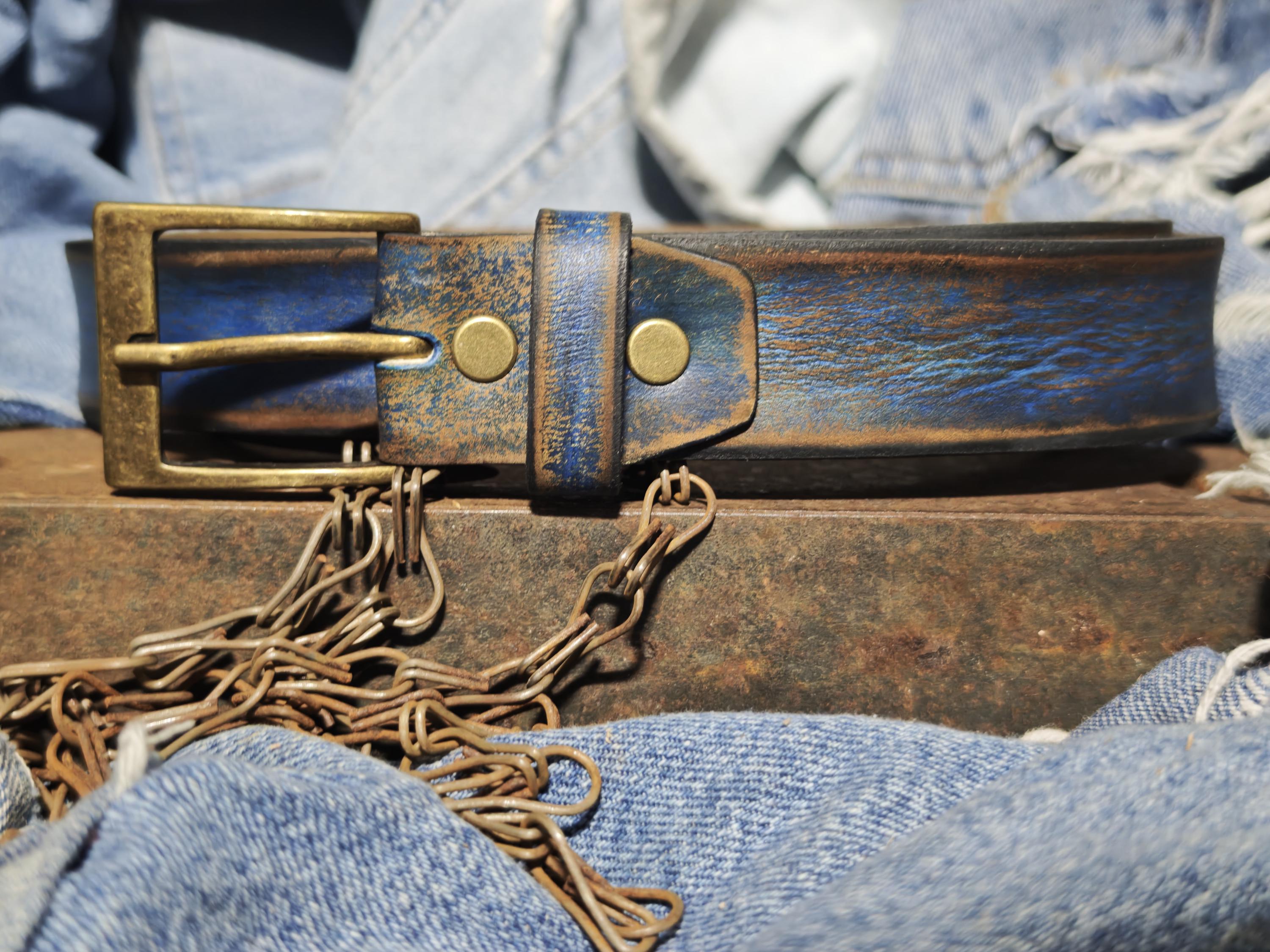 Men's Blue Leather Belt, Vintage Style, Custom Full Grain Leather