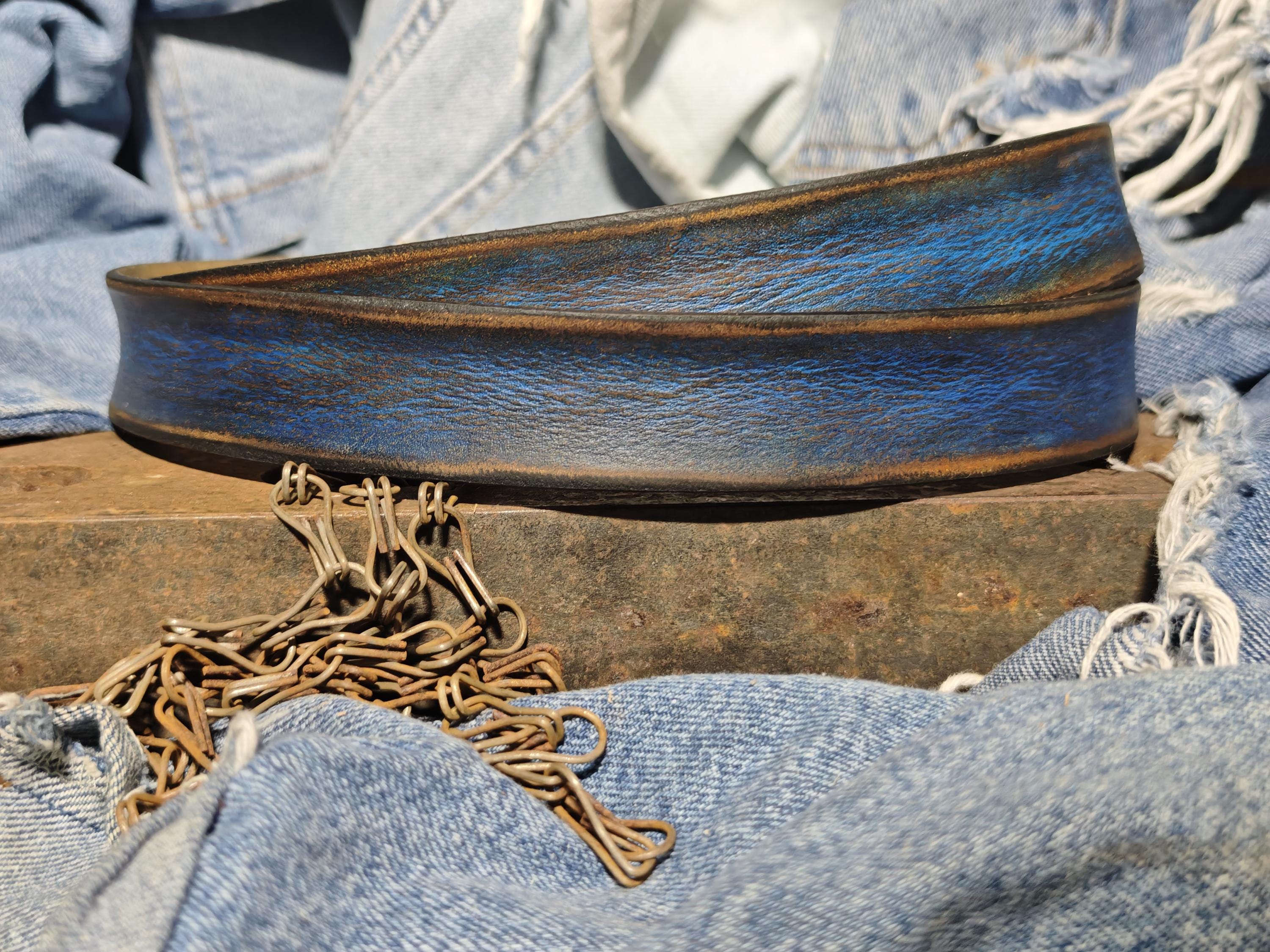 Men's Blue Leather Belt, Vintage Style, Custom Full Grain Leather
