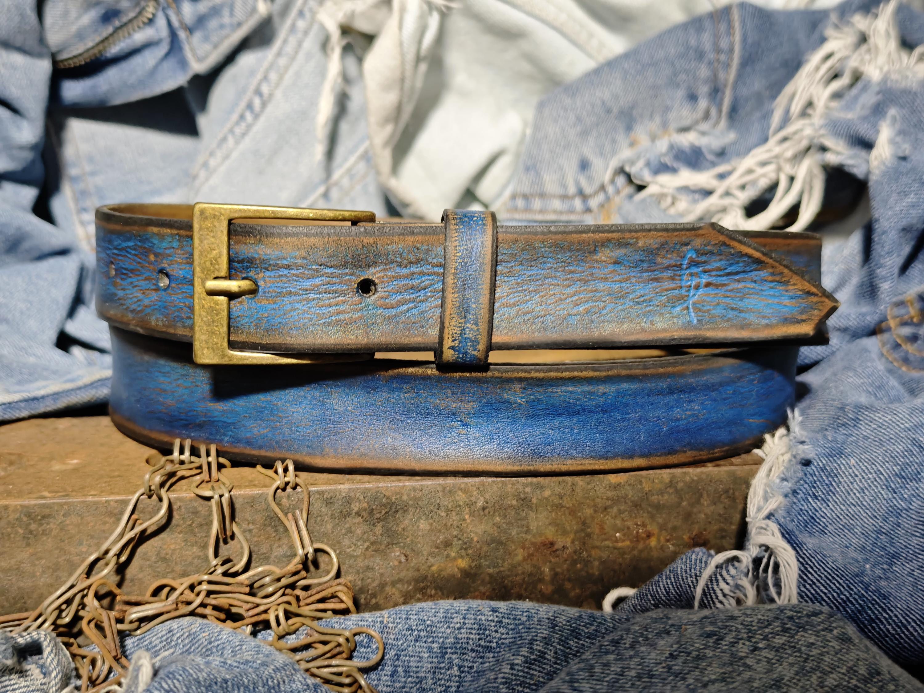 Men's Blue Leather Belt, Vintage Style, Custom Full Grain Leather