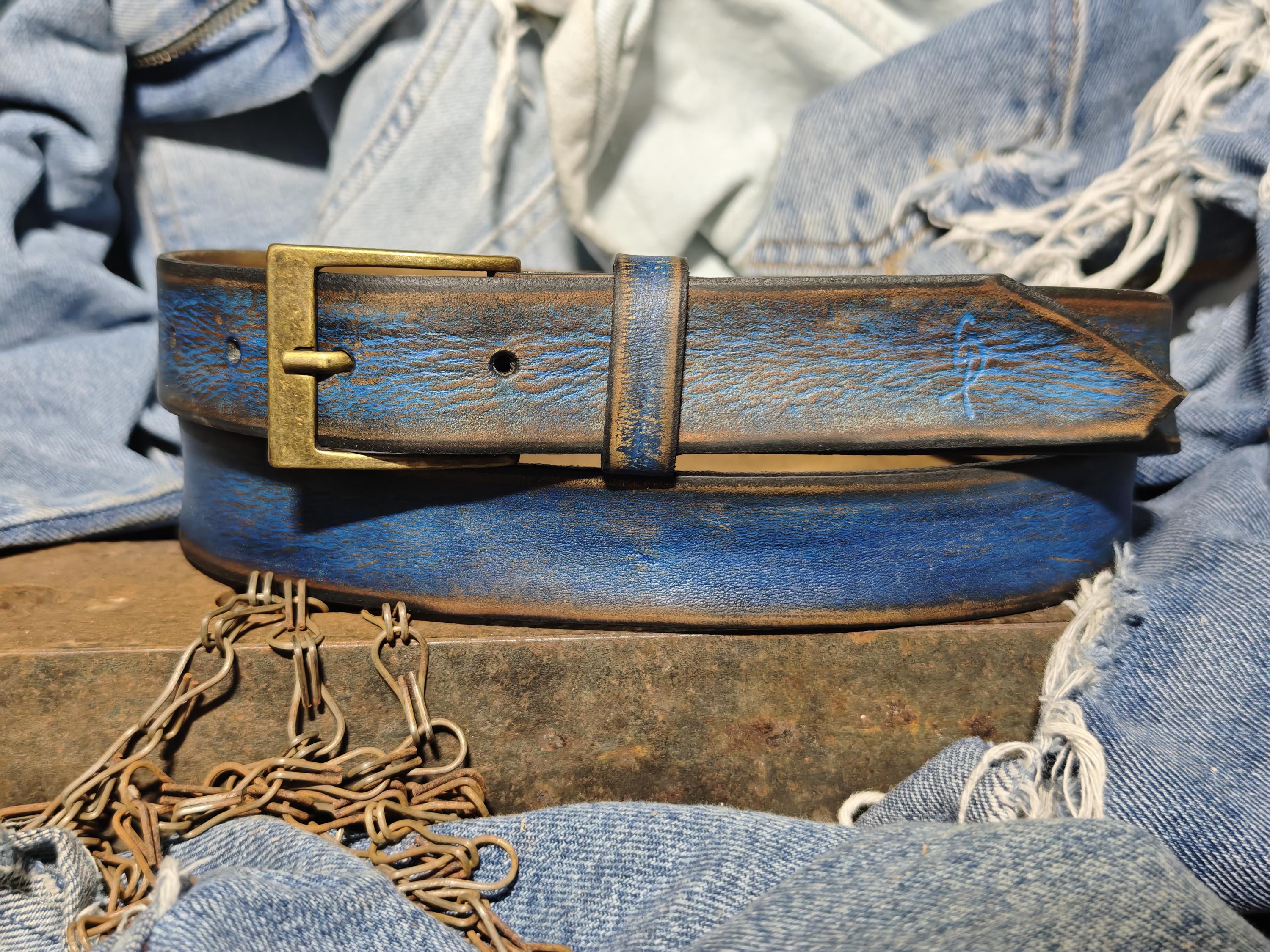 Men's Blue Leather Belt, Vintage Style, Custom Full Grain Leather