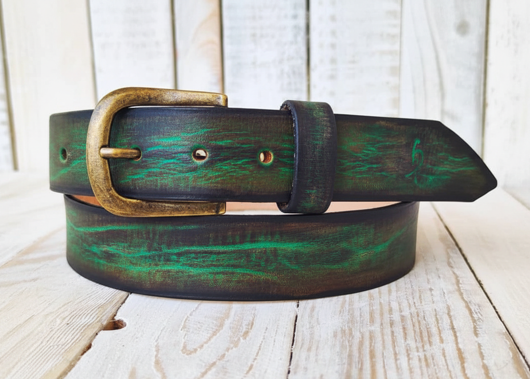Vintage Washed Green Leather Belt - Brown - Classic Style